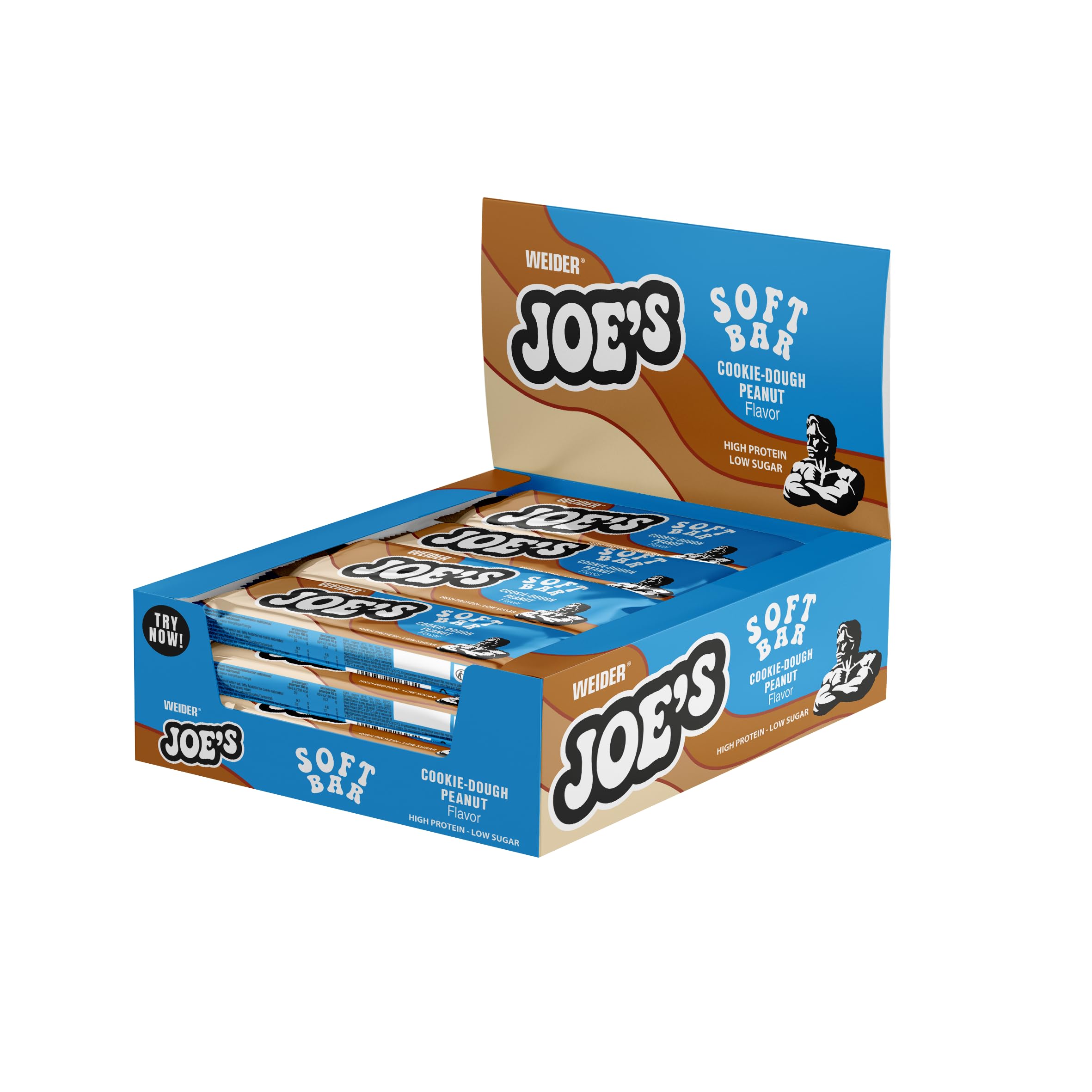 WEIDER Joe's Soft Bar, deliziosa Barretta proteica dal tenero cuore proteico, strato di Caramello e copertura di Cioccolato al Latte, a basso contenuto di zuccheri, peanut cookie dough, 12 x 45 g