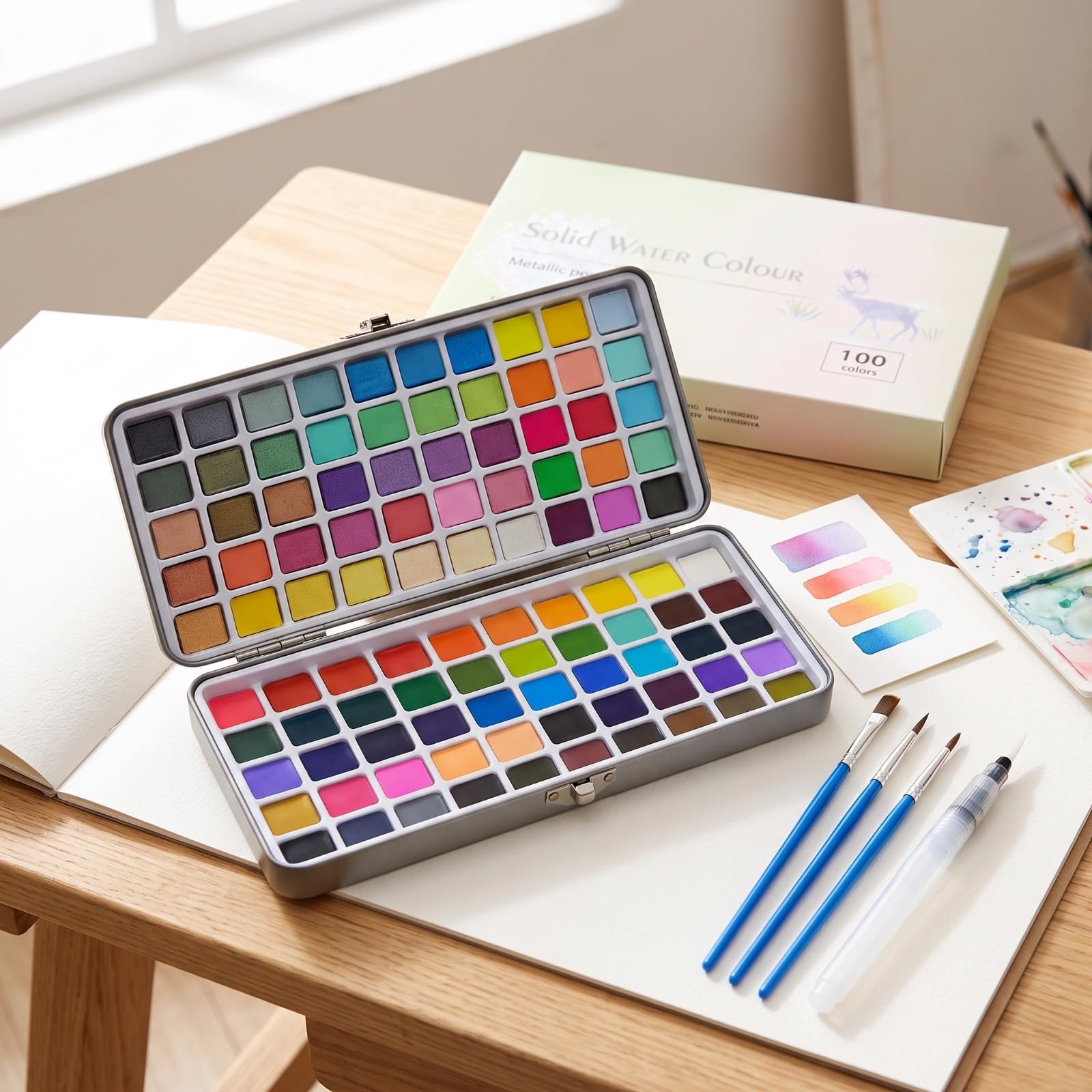 Solid Aquarellfarben set Aquarellpalette Farbnäpfe Mischplatte Wasserpinsel Kompaktes Metall Etui Sichere Aufbewahrung für Skizzieren Unterwegs Malkurs Heimprojekte