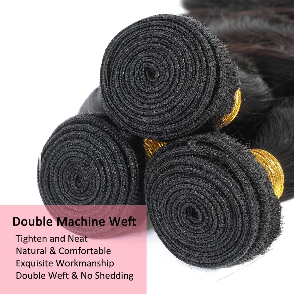 Body Wave Bundles Human Hair - 12 Inch, 10A Body Wave, 100% Unprocessed Virgin Brazilian Hair, Double Weft Weave, Natural Black