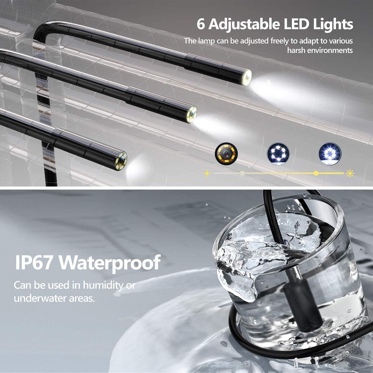 Image illustrating the 6 adjustable LED lights on the endoscope probe and the IP67 waterproof rating, showing the probe submerged in water.