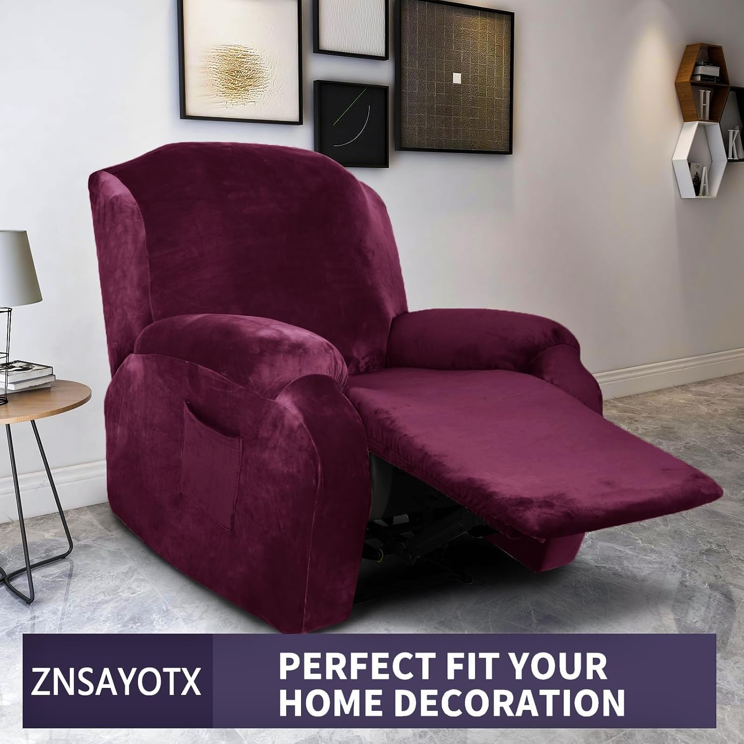 ZNSAYOTX Stretch Velvet Recliner Cover 4-Pieces, Thick Soft Recliner Chair Slipcover with Pocket, Non-Slip Elastic Bottom for Kids Pets, Luxury Plush Reclining Protector Comfy Washable (Wine Red)