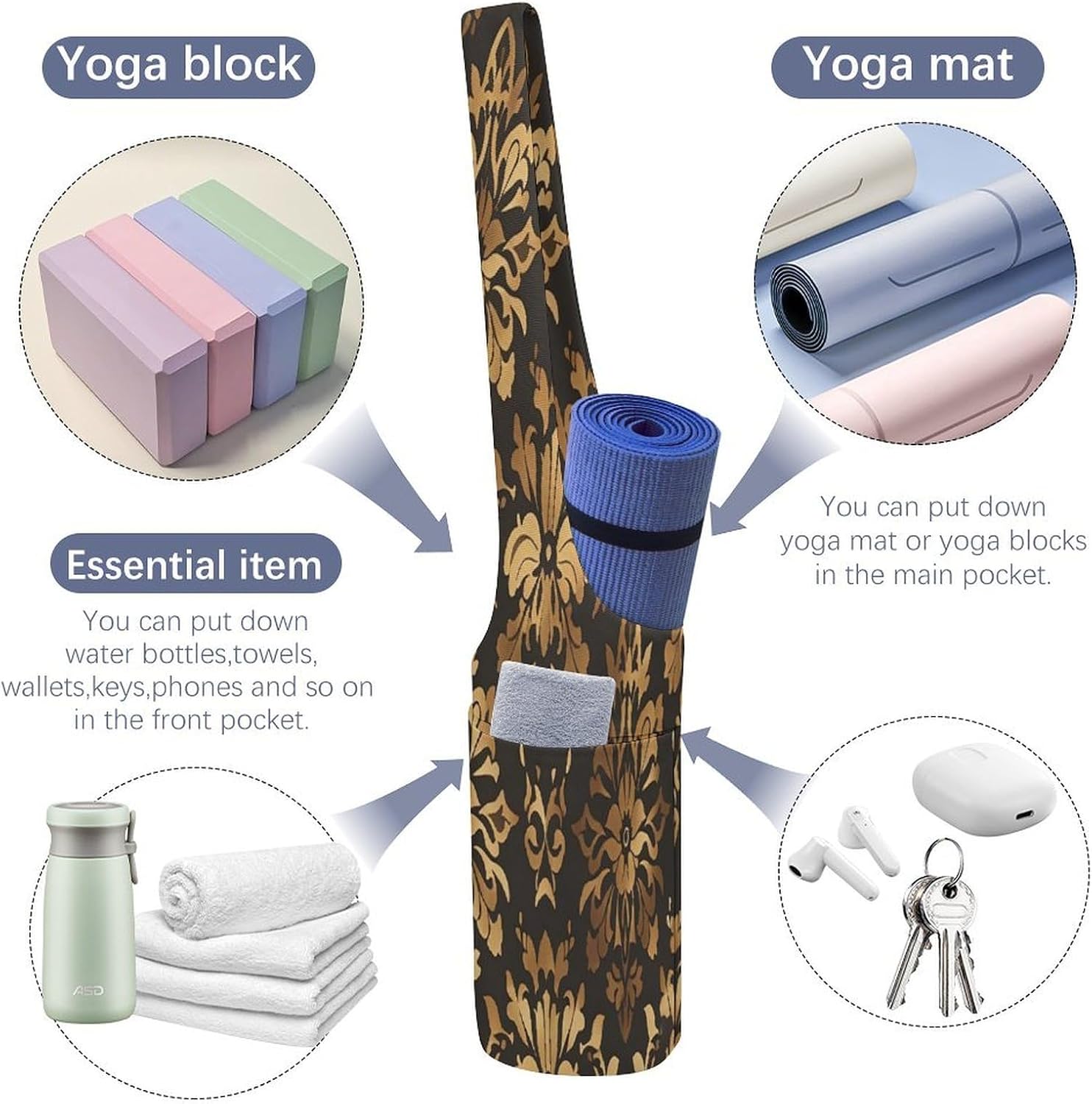 Vintage Gold Black Tan Floral Canvas Yoga Mat Bag Yoga Mat Carrier image 5