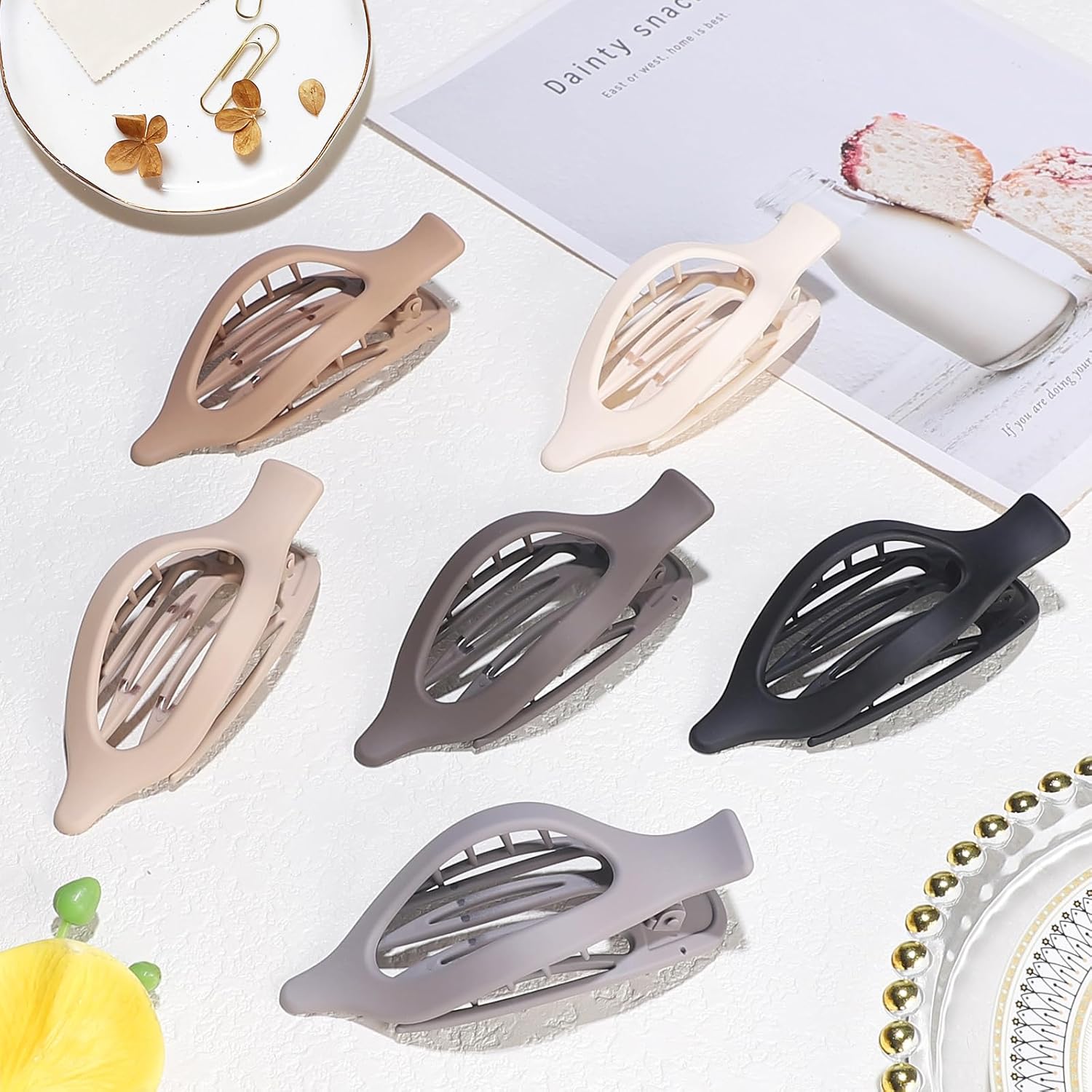 Flat Hair Clip 6 pcs Lay Down Claw Clips Hair Accessories for Women -Brown Grey - Image 2