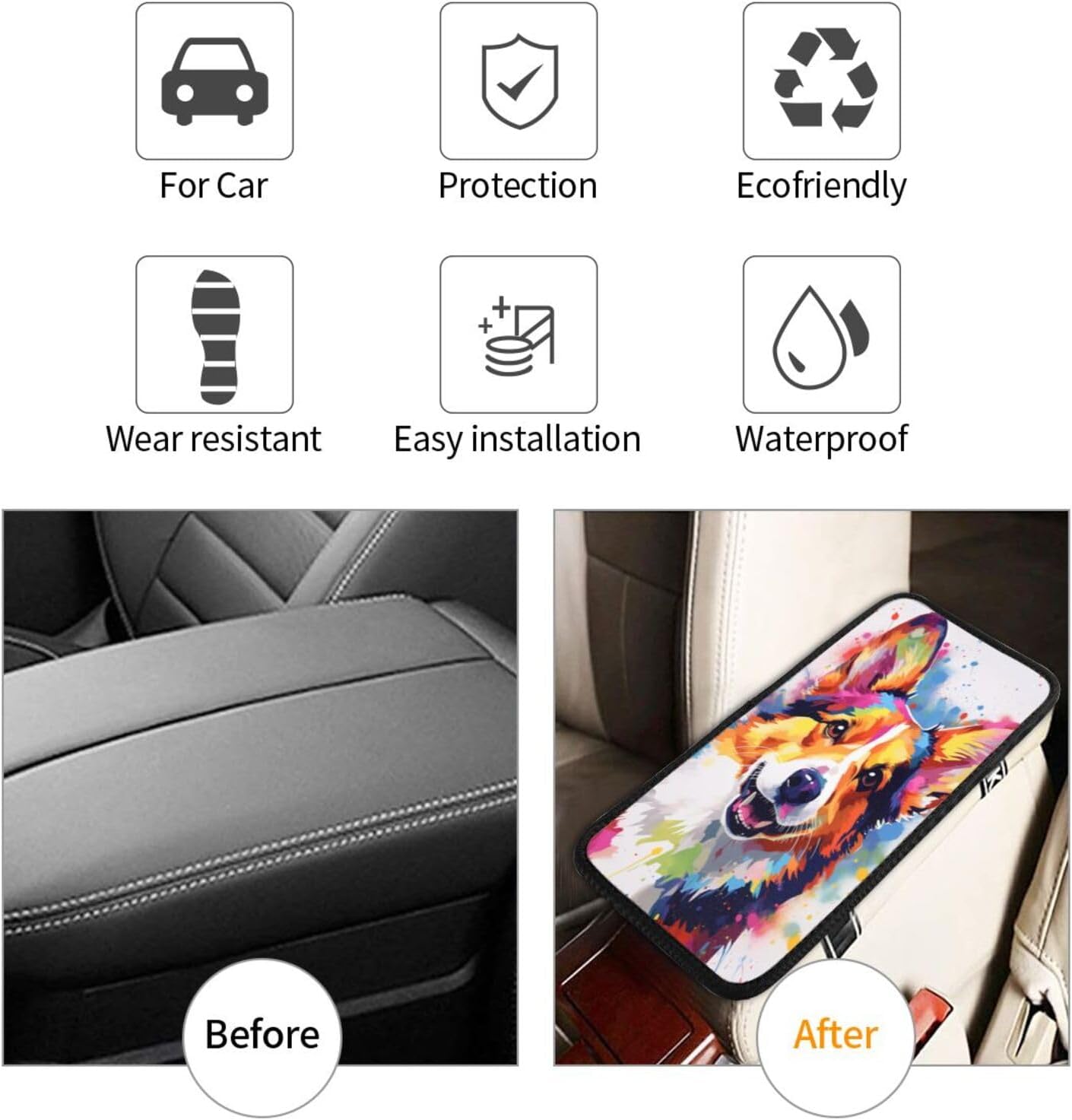 Universal Car Center Console Cushion Pad, Colorful Cute Corgi Dog Soft Waterproof Car Center Console Cover Auto Armrest Seat Box Cover Protector for Most Vehicle SUV Truck Car image 4