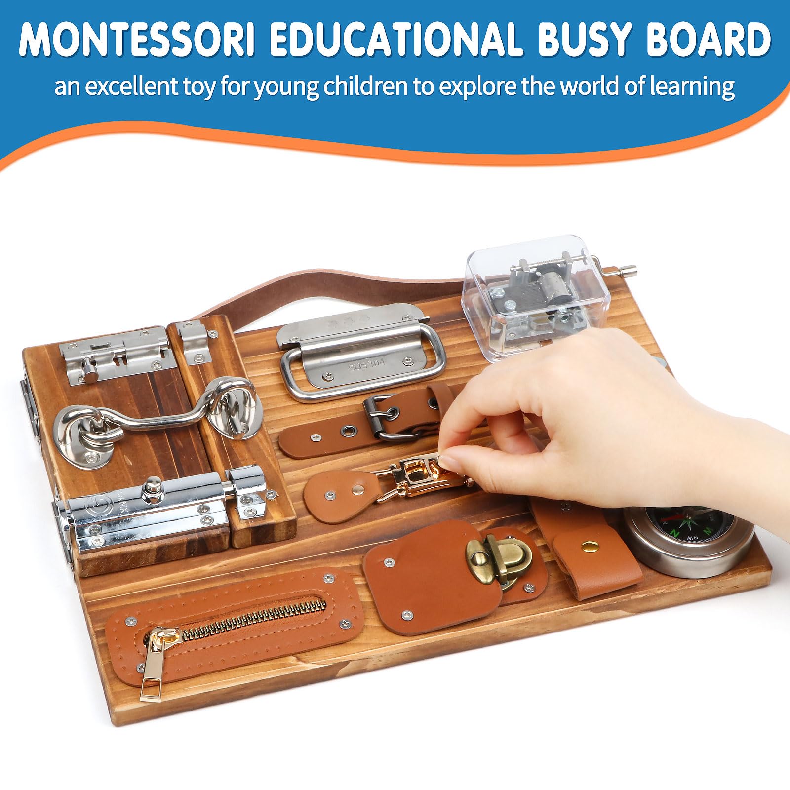 Jacootoys Tavola da gioco Montessori per bambini piccoli, tavola da gioco in legno, tavola per attività di abilità motorie fini, giocattoli educativi per bambini di 3 anni con interruttore, lucchetti