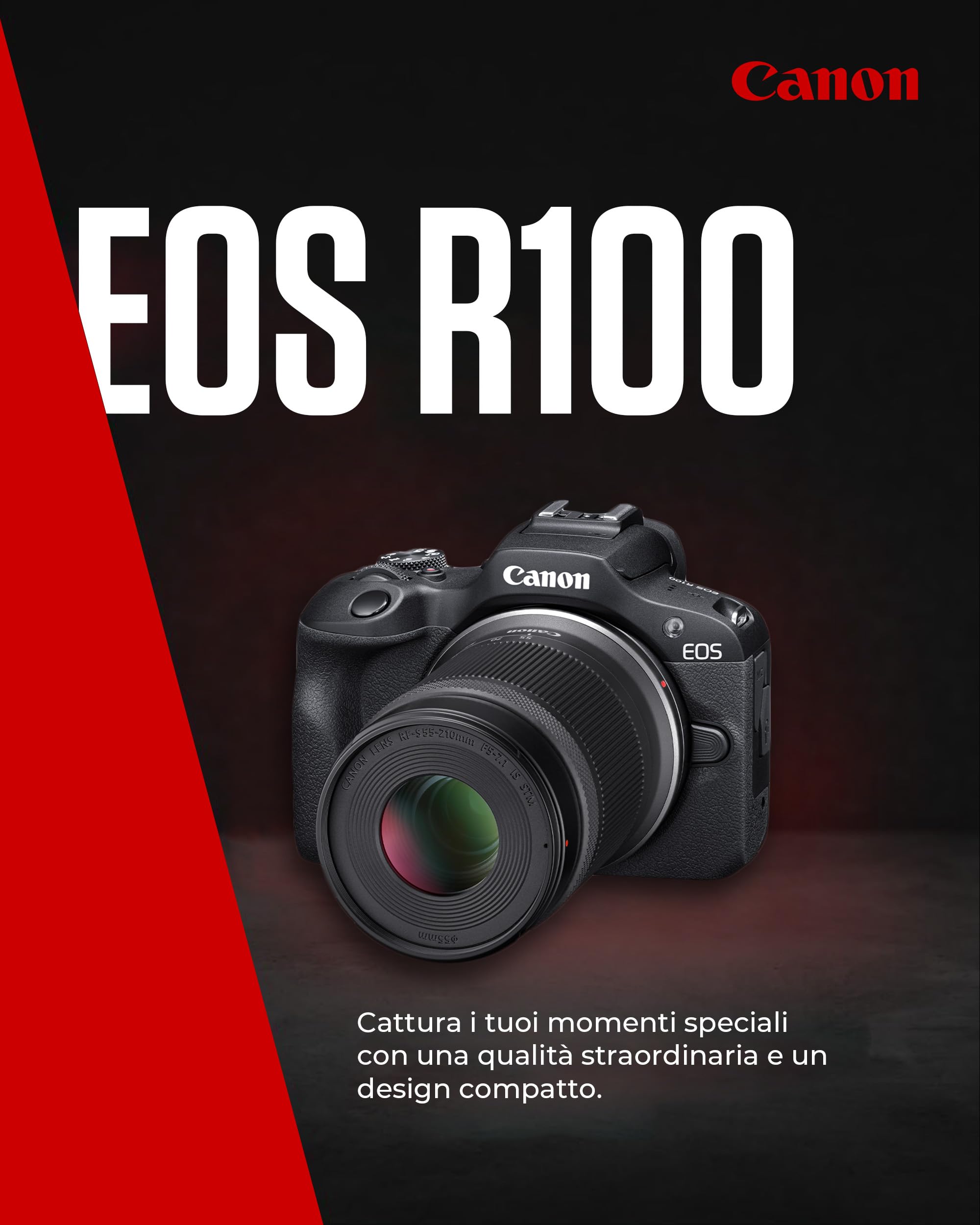 Canon EOS R100 + RF-S 18-45mm IS STM & RF-S 55-210mm IS STM Lenses - Fotocamera Mirrorless APS-C da 24,1 MP, Dual Pixel CMOS AF, Videocamera 4K, Scatto Continuo 6,5 fps - Wi-Fi, Bluetooth