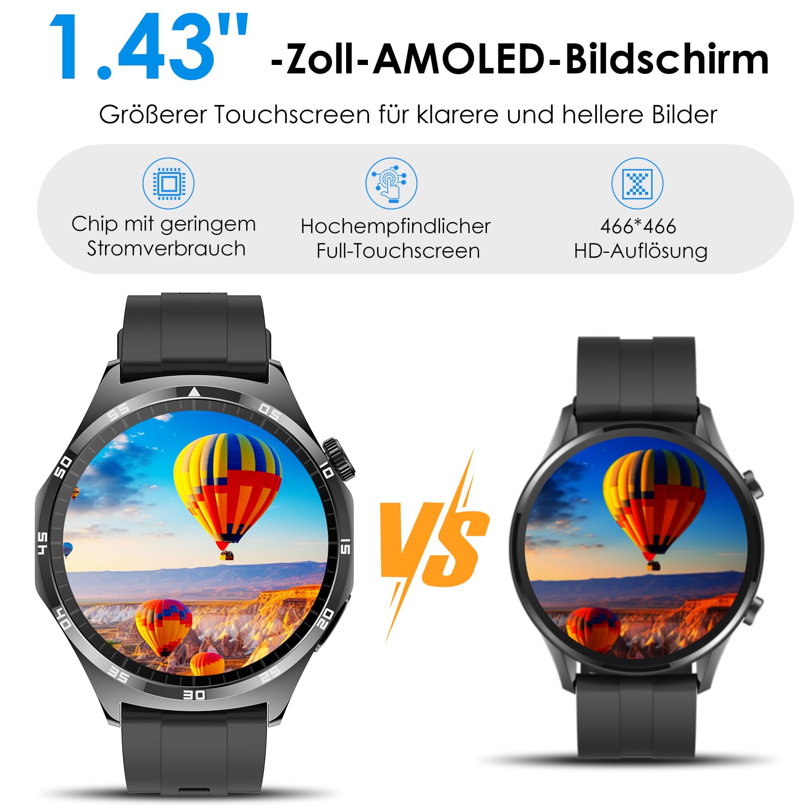 2026 Neu Smartwatch Herren mit EKG/Blutdruck/Harnsäure/Schlaf-Monitor/Emotion/Stimmung/BMI Rund 1,43"AMOLED Gesundheitsuhr mit Herzfrequenz SPO2,Bluetooth-Anrufe SOS-Notruf Fitnessuhr für iOS/Android