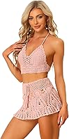 Vista 8 de Allegra K Conjunto de bikini de 2 piezas para mujer, top con huecos, minifalda, verano, playa, conjuntos de punto de ganchillo