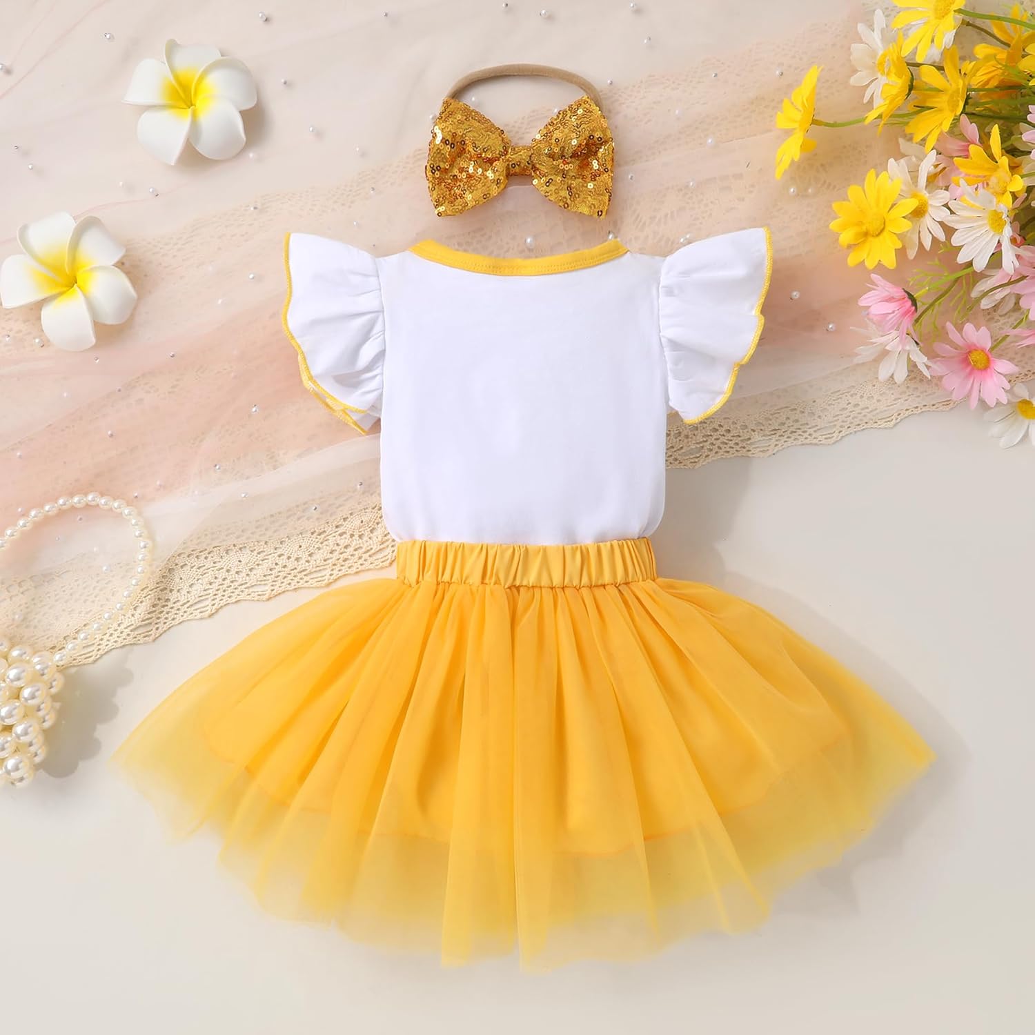 HAPPYMA Baby Girls One 1st Birthday Outfit Bee Sunflower Romper Tulle Tutu Skirt Sequin Bow Party Clothes Set - Image 3
