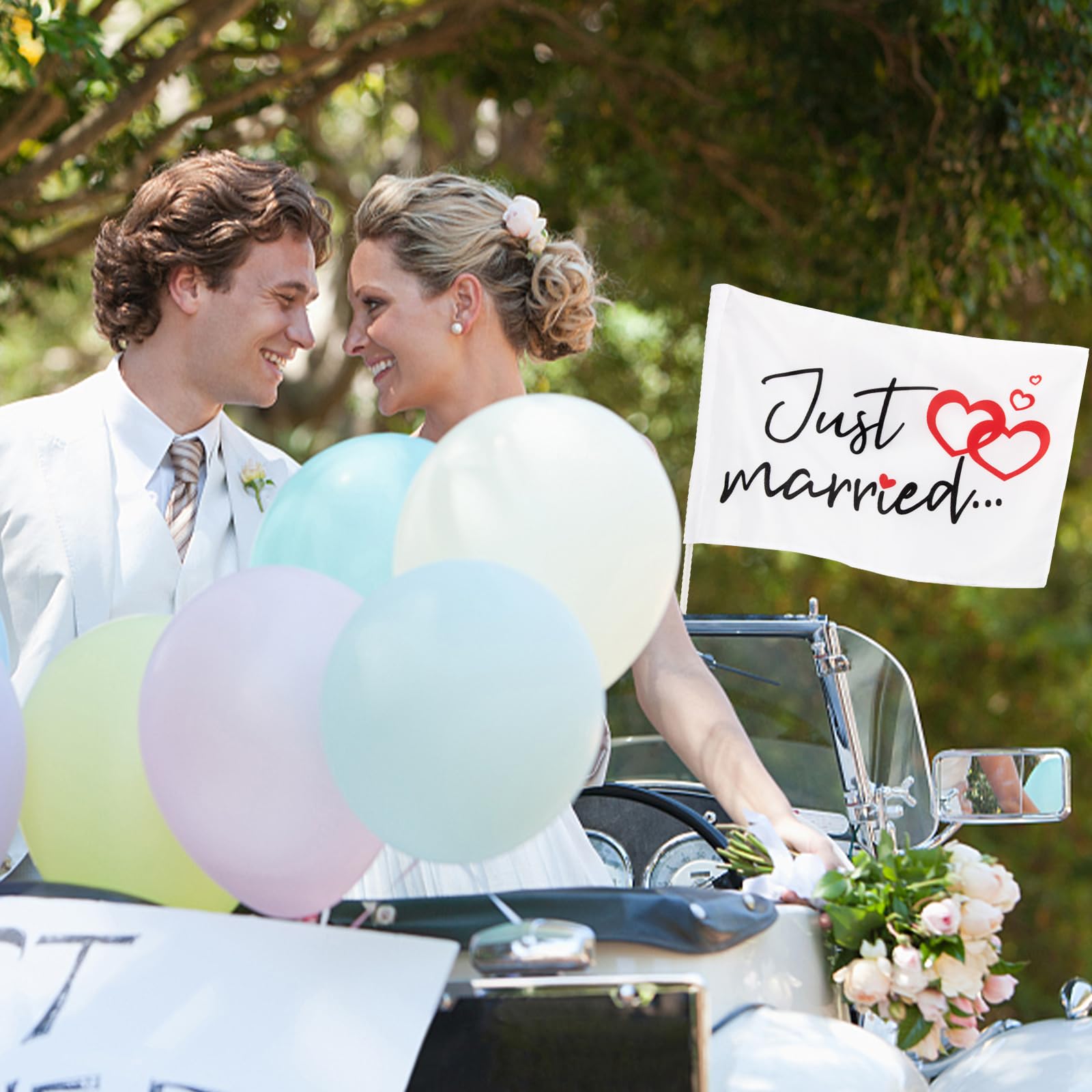 BOFUNX 2pcs Just Married Flag Car Decoration Wedding Auto Bandiera Matrimonio