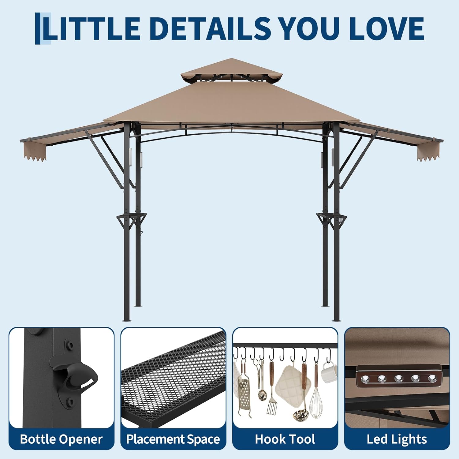 Garvee 8x5 Grill Gazebo Outdoor BBQ Canopy, Double Tier Patio Grill Shelter with Adjustable Dual Side Awnings, 2 Handy Shelves, Hooks & Ceiling Light Hook, Heavy Duty Steel Frame for Backyard-Khaki
