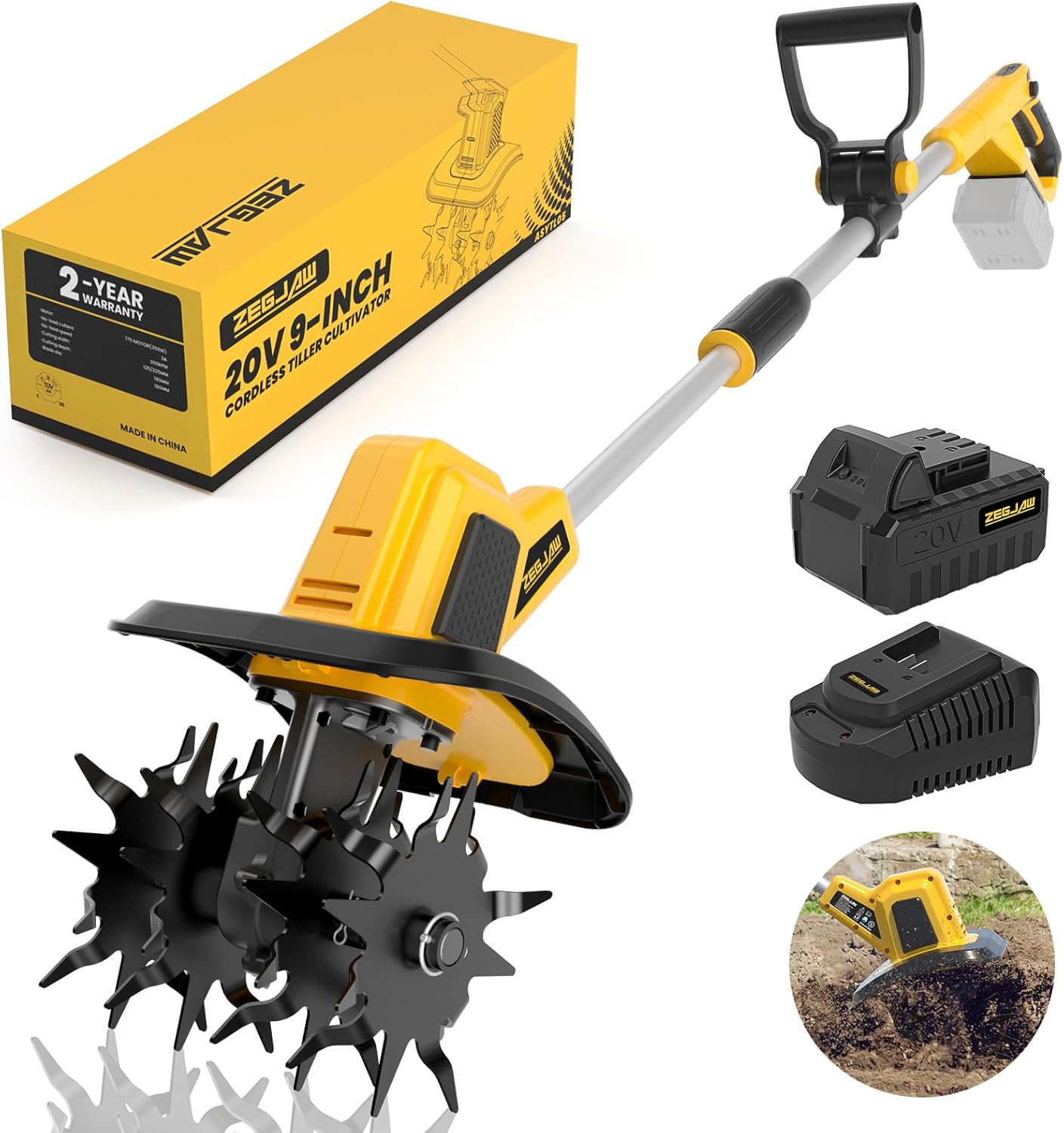 Photo 1 of 20V Cordless Electric Garden Tiller Cultivator, 9-Inch Tilling Width, 6.6-Inch Depth Rototiller for Soil Cultivation, Lawn, Gardening, Lightweight Tiller Includes 4.0Ah Battery and Charger