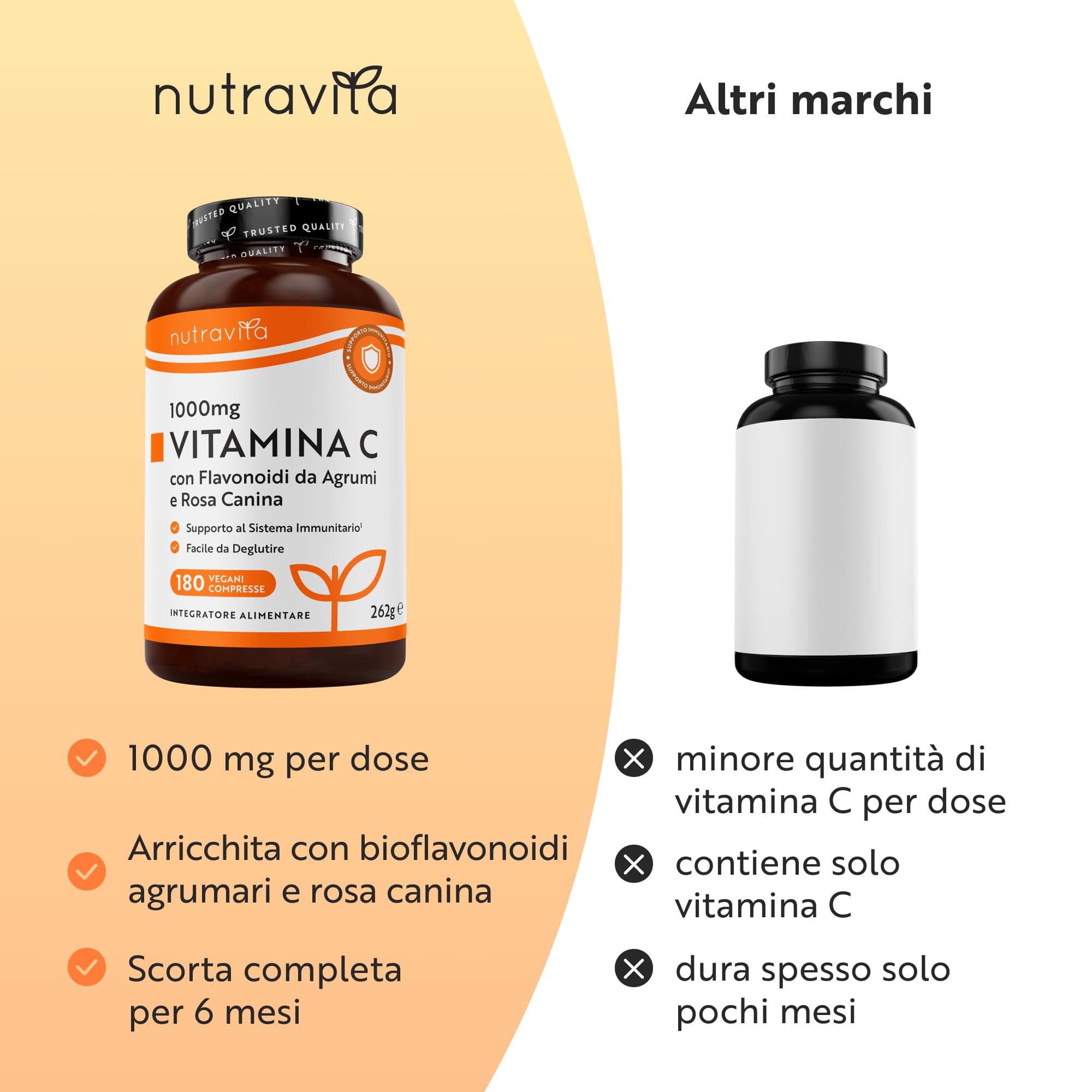 Nutravita Vitamina C 1000mg - 180 Vit C Compresse per 6 Mesi - Vitamina C Pura con Rosa Canina e Flavonoidi - Acido Ascorbico - 100% Vegan - Normale Funzione del Sistema Immunitario