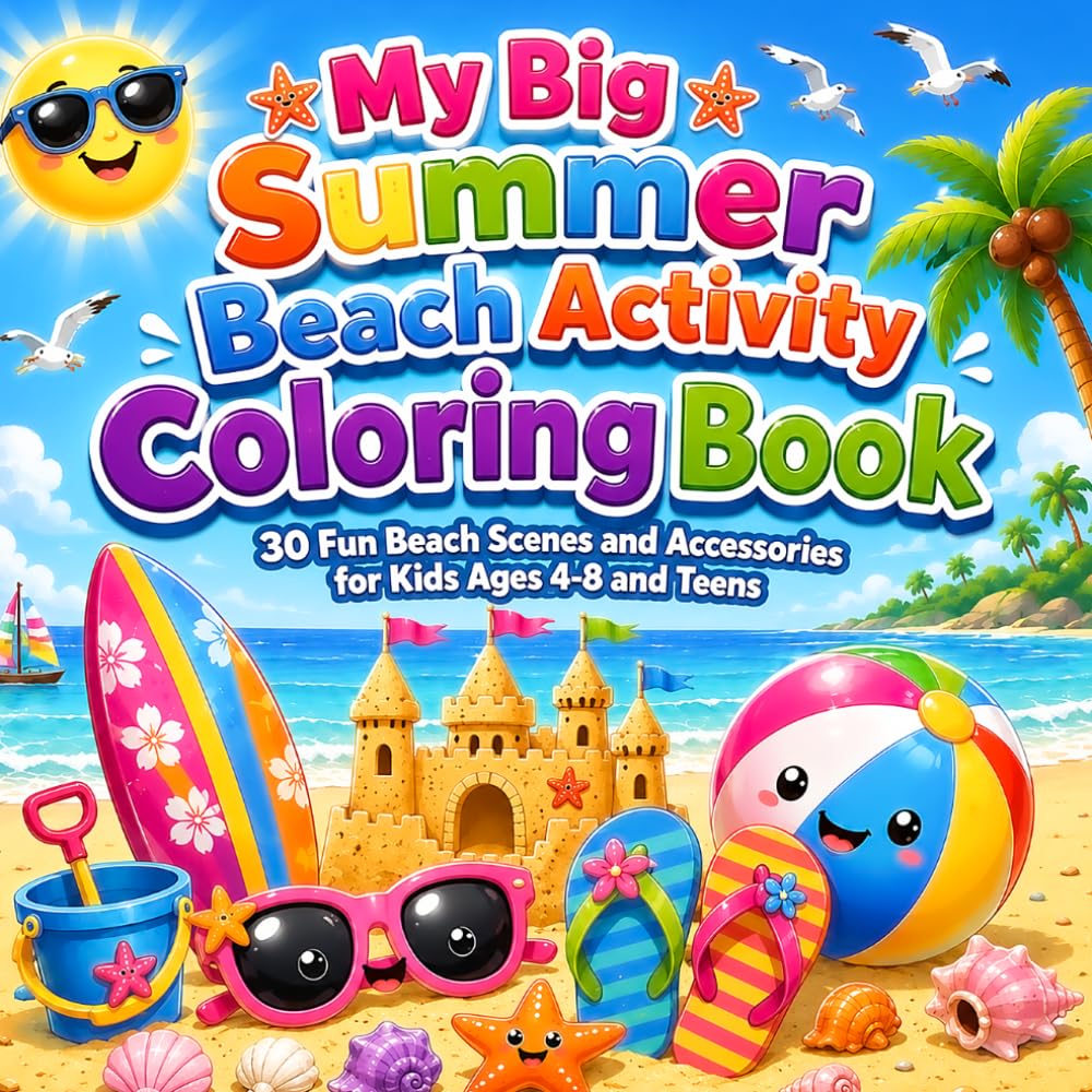 My Big Summer Beach Activity Coloring Book: 30 Fun Beach Scenes and Accessories for Kids Ages 4-8 and Teens