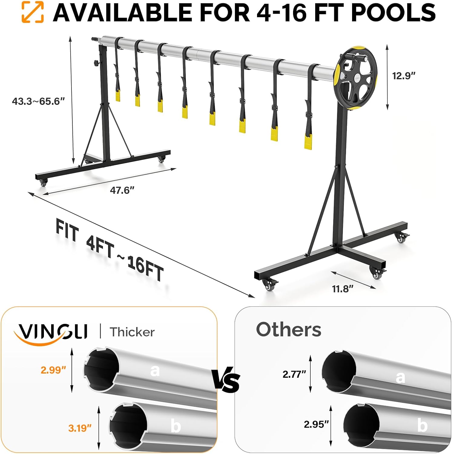 VINGLI 16 FT Pool Cover Reel for Aboveground Swimming Pools, Waterproof Aluminum Pool Solar Cover Reel with Adjustable Width & Height & Extra 4 Sandbags (Standard with Wheels)