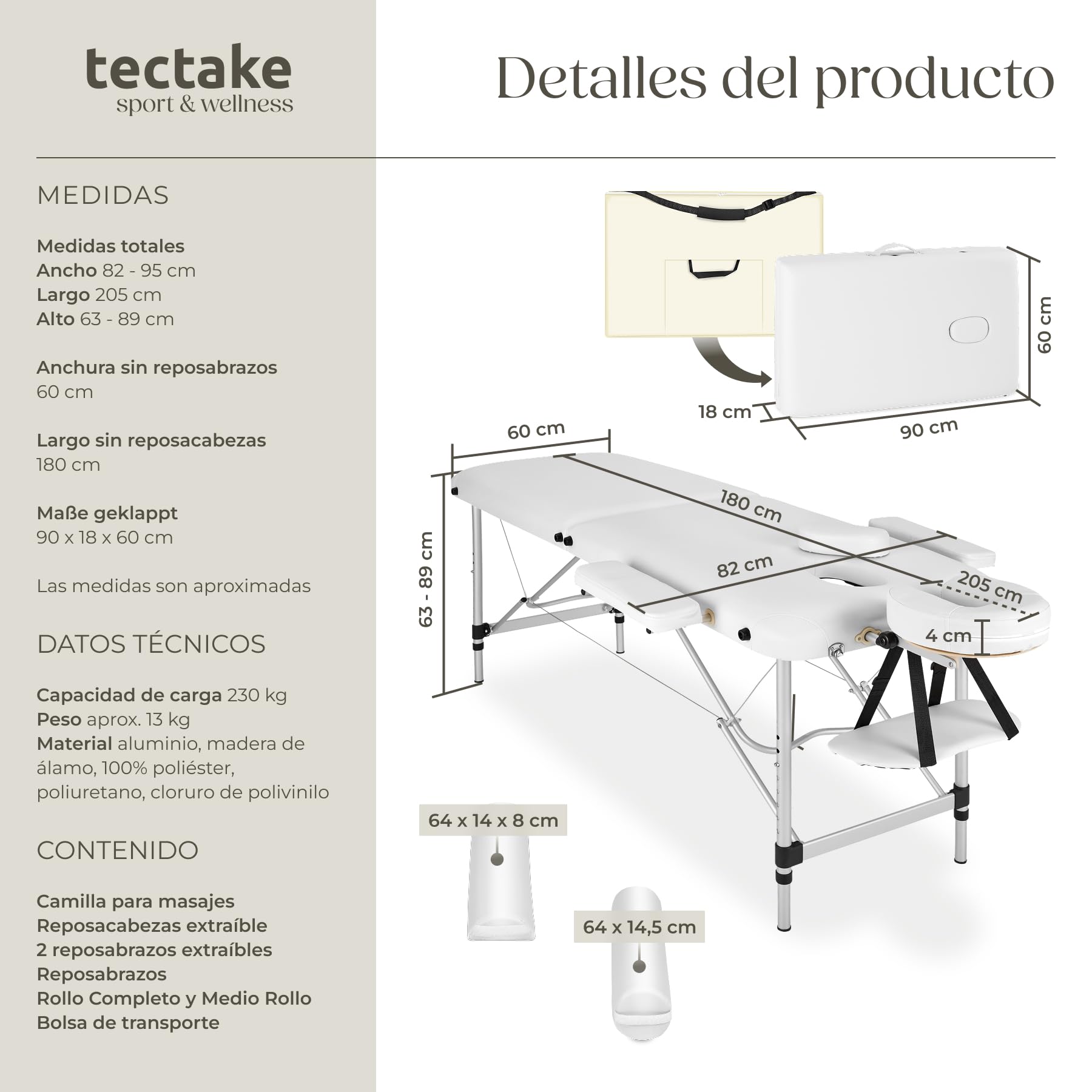 tectake® Camilla Masaje Plegable y Ajustable en Altura, Camilla Estética Profesional de Aluminio, Camilla Profesional Fisioterapia, Quiromasaje, Tatoos, 2 Zonas, con Cojines y Bolsa Transporte -Blanco