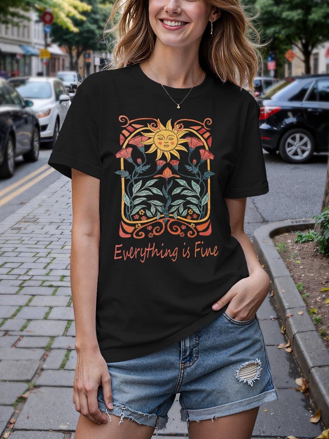 Everything is Fine Women's T-Shirt Sunflower & Wildflower Graphic Tee Print, Casual Short Sleeve Loose Fit Tops/Blouse - Image 3