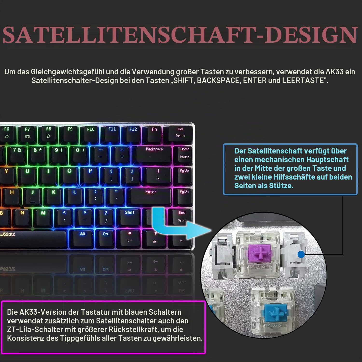 AK33 USB-Kabelgebundene Mechanische Gaming-Tastatur, 80 % Blaue Schalter Keyboard mit 19 RGB-Chroma-LED-Hintergrundbeleuchtung, 82 Tasten Anti-Ghosting-Metallpanel für PC, Mac und Laptop-Schwarz