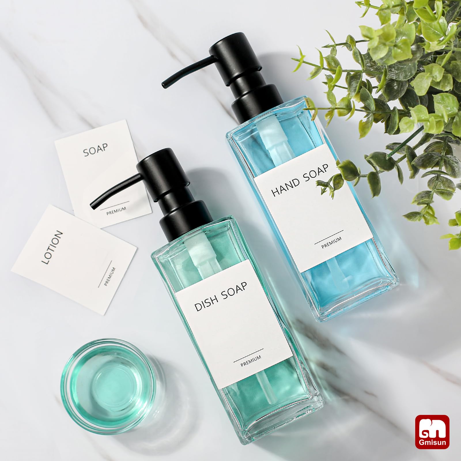 GMISUN - Dispensador de jabón de vidrio con bomba de acero inoxidable, dispensador de jabón de manos transparente para baño, 350 ml, juego de dispensadores de jabón de manos y platos para cocina