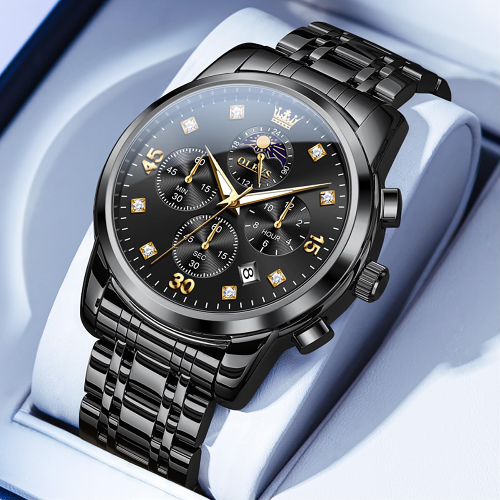 OLEVS Herren Chronograph Armbanduhr Quarz Edelstahl Analog Dual Time | Doppelte Zeitzone Uhren Herren, Leuchtzeigern, Mineralglas, Edelstahlarmband und 3ATM Wasserschutz für Reisen und Business