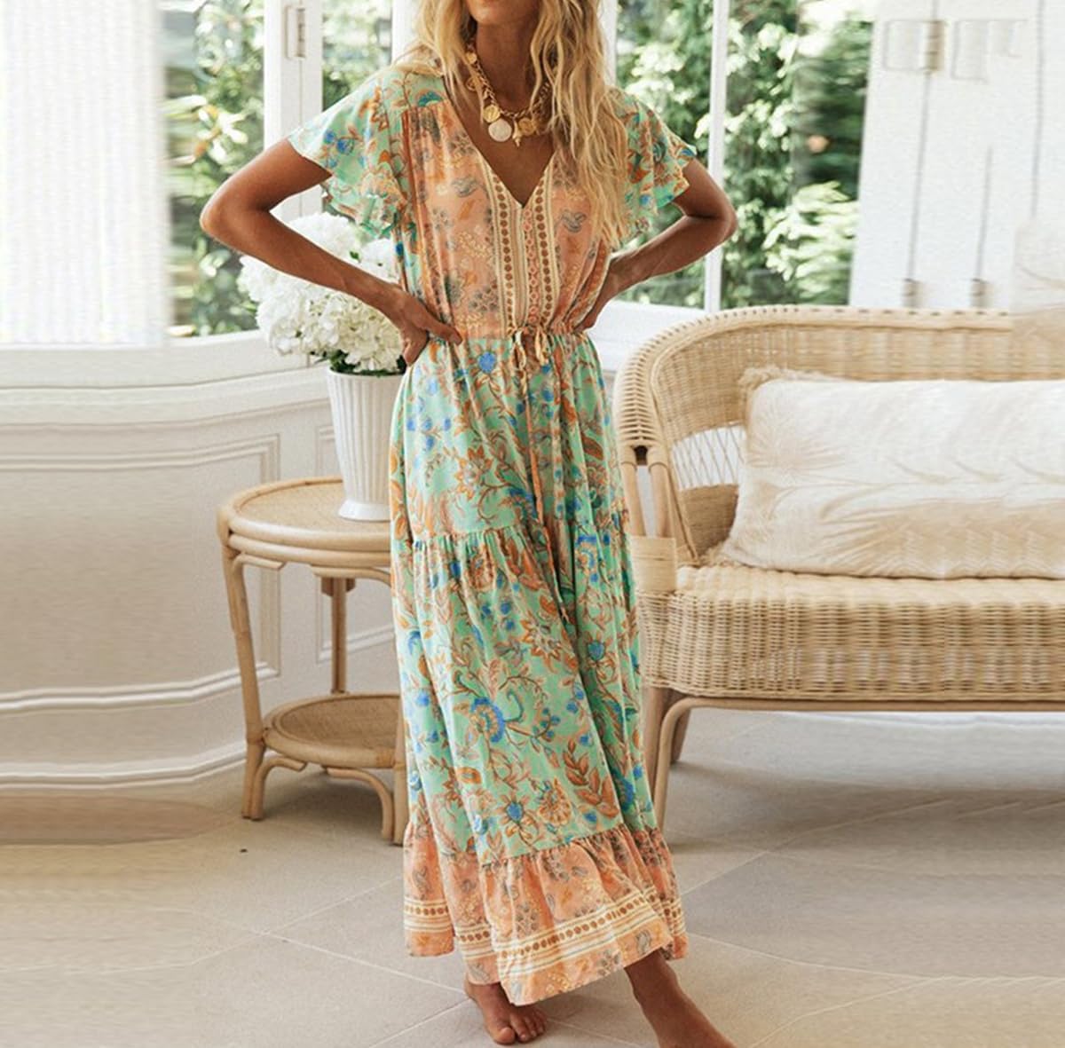 R.Vivimos Womens Summer Floral Print Cotton Short Sleeve Flowy Dress - Image 3