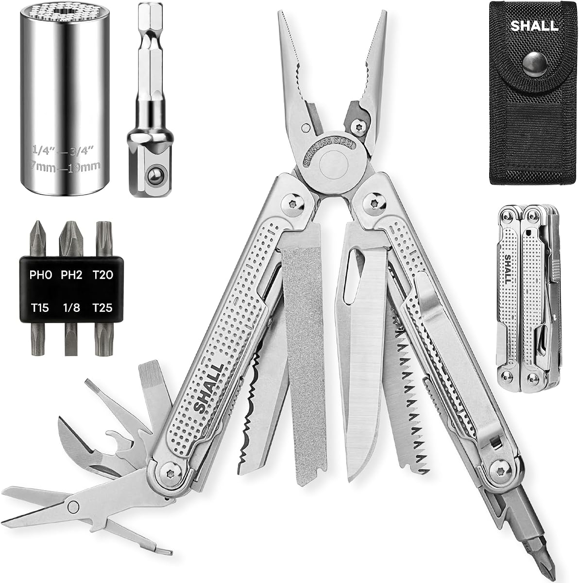 SHALL Multiherramienta, alicates multiherramienta 18 en 1, navaja de bolsillo multiherramienta de acero inoxidable con punta de destornillador y enchufe universal, herramienta multiusos autoblocante con funda para acampar, pesca, supervivencia, caza