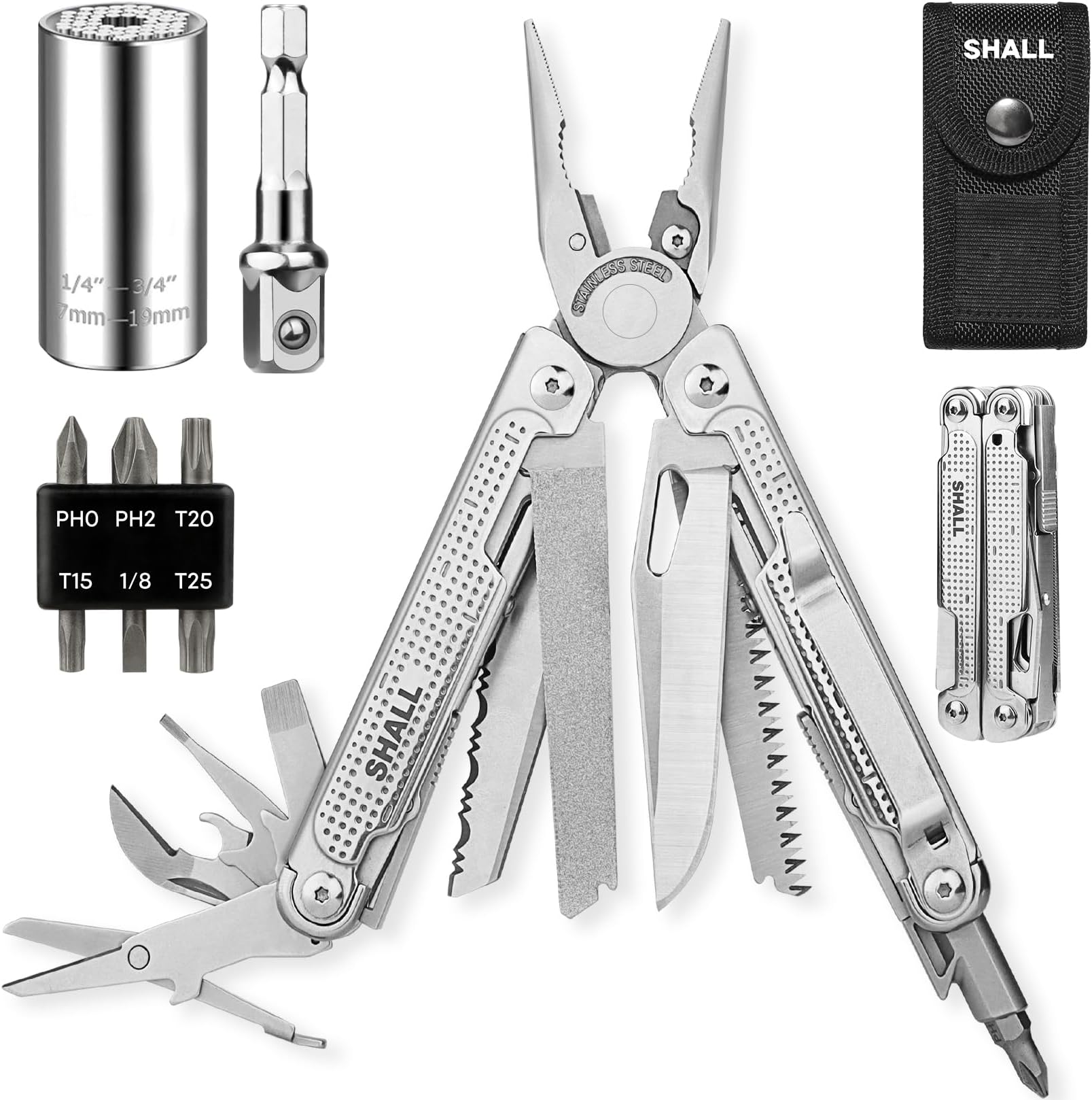 SHALL Multi Tool, 18-in-1 Multitool Pliers, Stainless Steel Multi-tool Pocket Knife w/Screwdriver Bit & Universal Socket, Self-locking Multipurpose Tool w/Sheath for Camping Fishing Survival Hunting