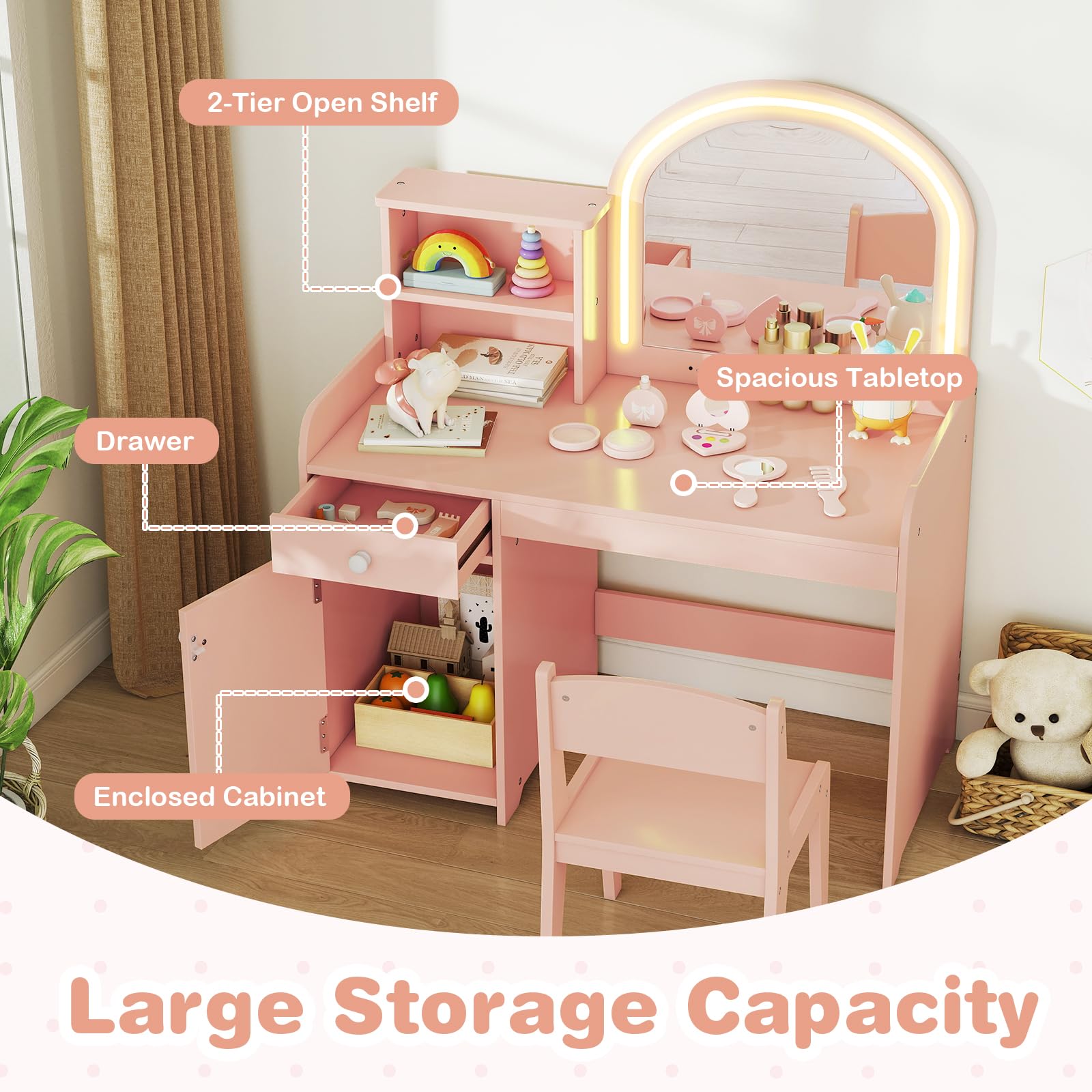 LIFEZEAL 2 in 1 Tavolo da trucco per bambini con sedia, tavolo da trucco ragazza con specchio LED e armadietto, tavolo da toeletta in legno con cassetto e scaffale, 3+ anni, carico di 50 kg (rosa