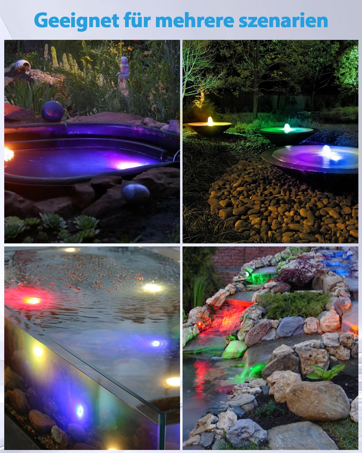 HIBOITEC LED RGB Teichbeleuchtung IP68 Wasserdicht mit Photozellensensor und Timer Niedervolt Transformator