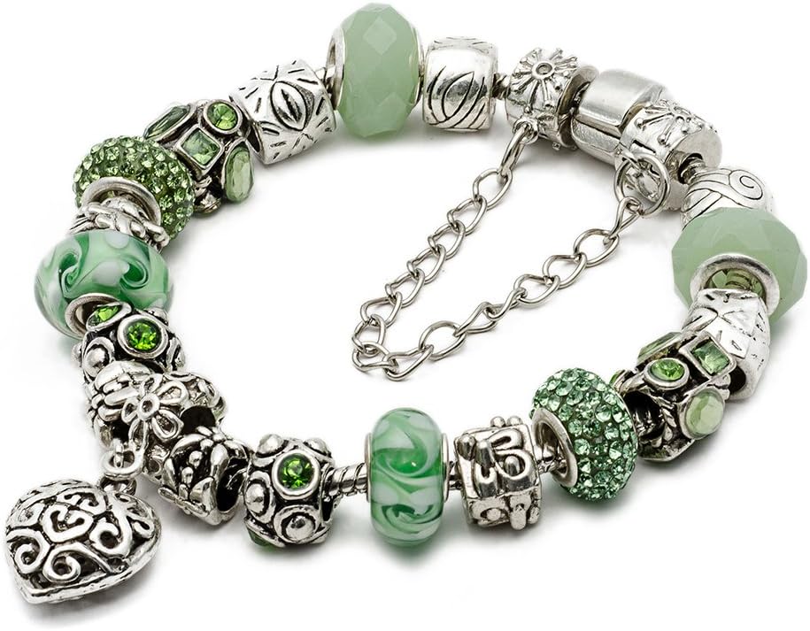 RUBYCA Silver Tone European Charm Bracelet 7.9" Green Murano Glass Beads DIY Jewelry Making Kit 25