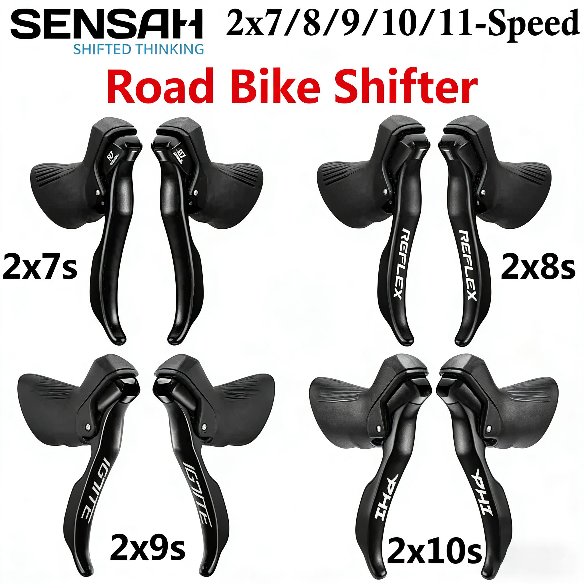 Leva del cambio per bici da strada, 2 x 7/2 x 8/2 x 9/2 x 10/2 x 11 velocità, leva del freno per bici da strada e deragliatore anteriore e posteriore, con cavo, compatibile con Shimano (2 x 7s