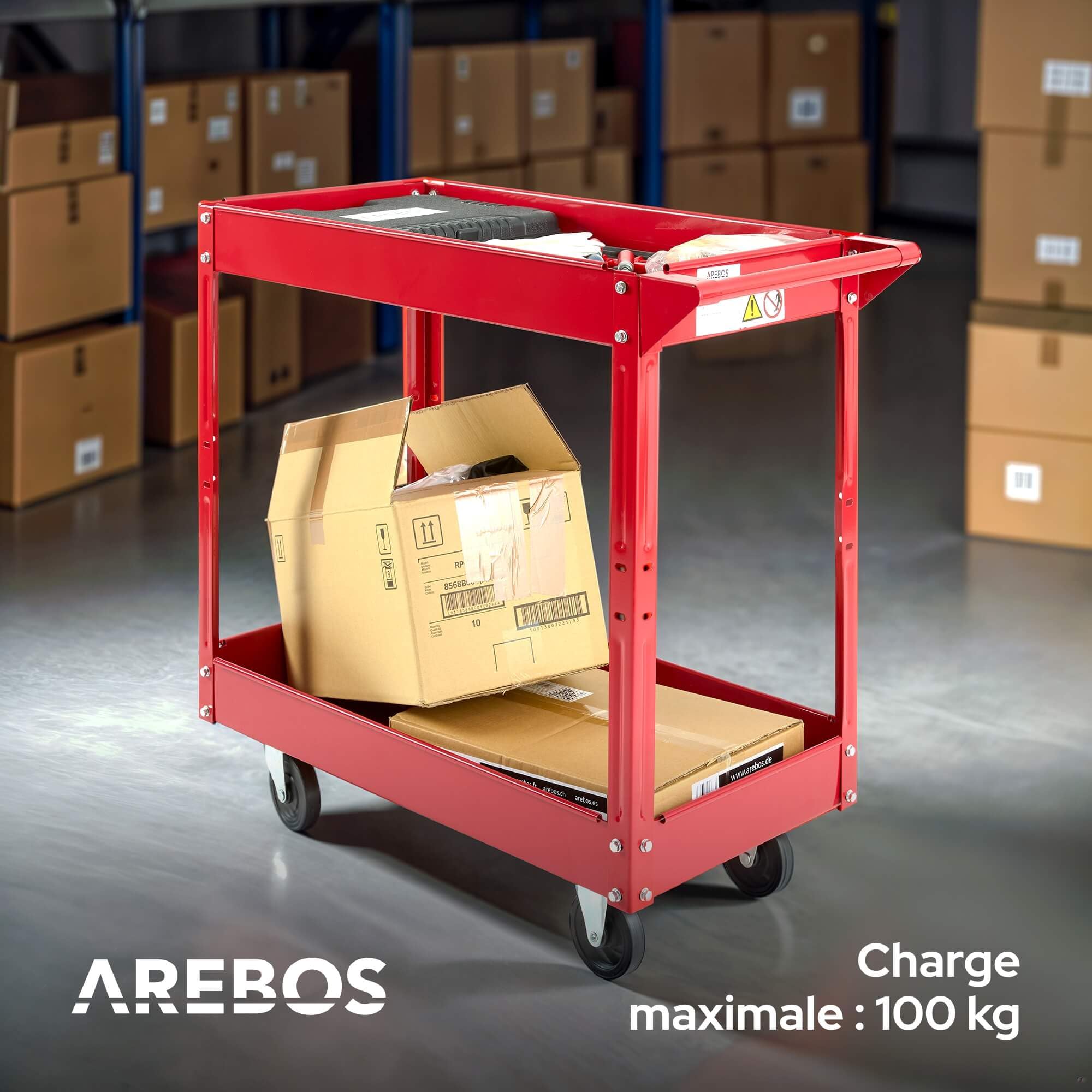 Arebos Servante d’Atelier 2 Étages | Chariot à Outils en Acier | Capacité de Charge Jusqu’à 100 kg | Mobile et Robuste | Rouge