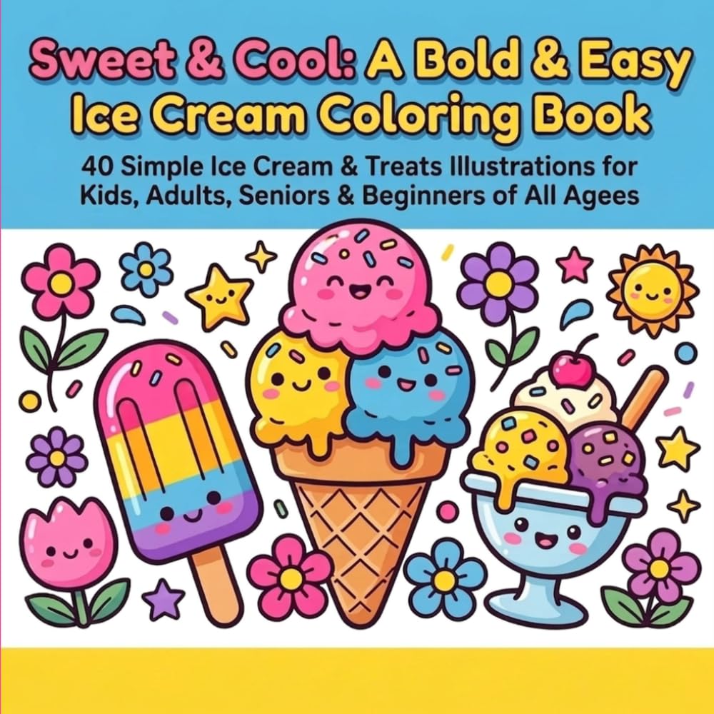 Sweet & Cool: A Bold & Easy Ice Cream Coloring Book: 40 Simple Ice Cream & Treats Illustrations for Kids, Adults, Seniors & Beginners of All Ages (Bold and Easy)