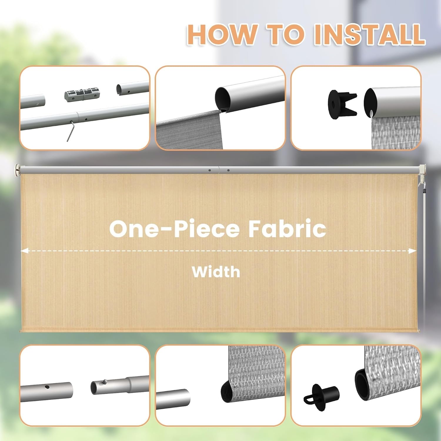 VICLLAX Outdoor Roller Shade (9' W×8' L), Patio Cordless Roller Blinds, Exterior Roll Up Shade with Spliced Design for Patio Porch Gazebo, Wheat