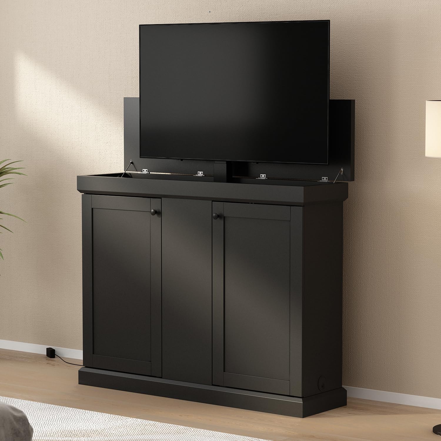 TV Stand Cabinet with Motor Rising & Lowering Mount, Modern Entertainment Center with Storage for TVs up to 50 Inch, Lift Media Console Table for Living Room, Black