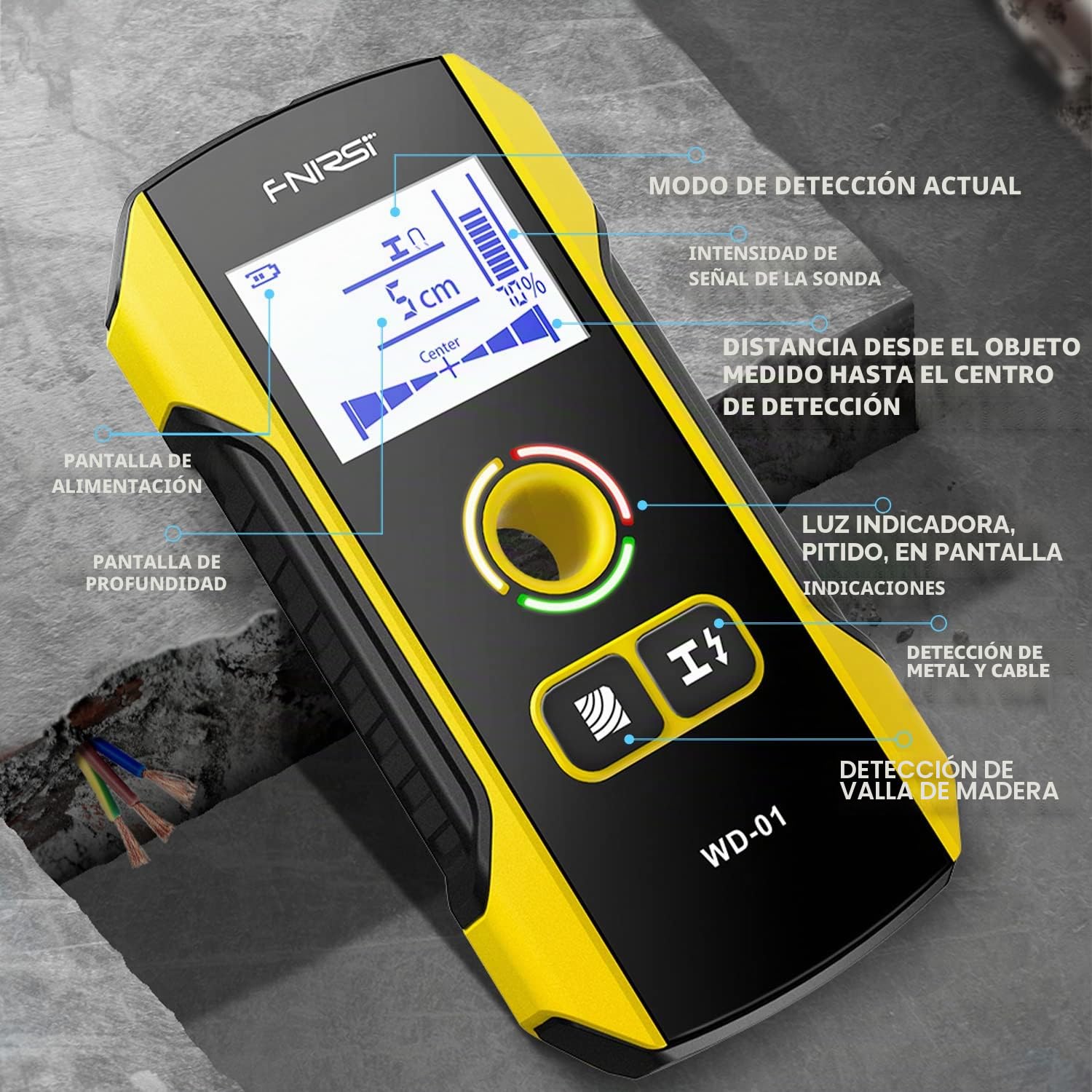 FNIRSI Escáner de pared 6 en 1, buscador electrónico de pernos de madera, detector de pared con orificio de posicionamiento actualizado para centro y borde de madera, alambre de CA, pernos de metal