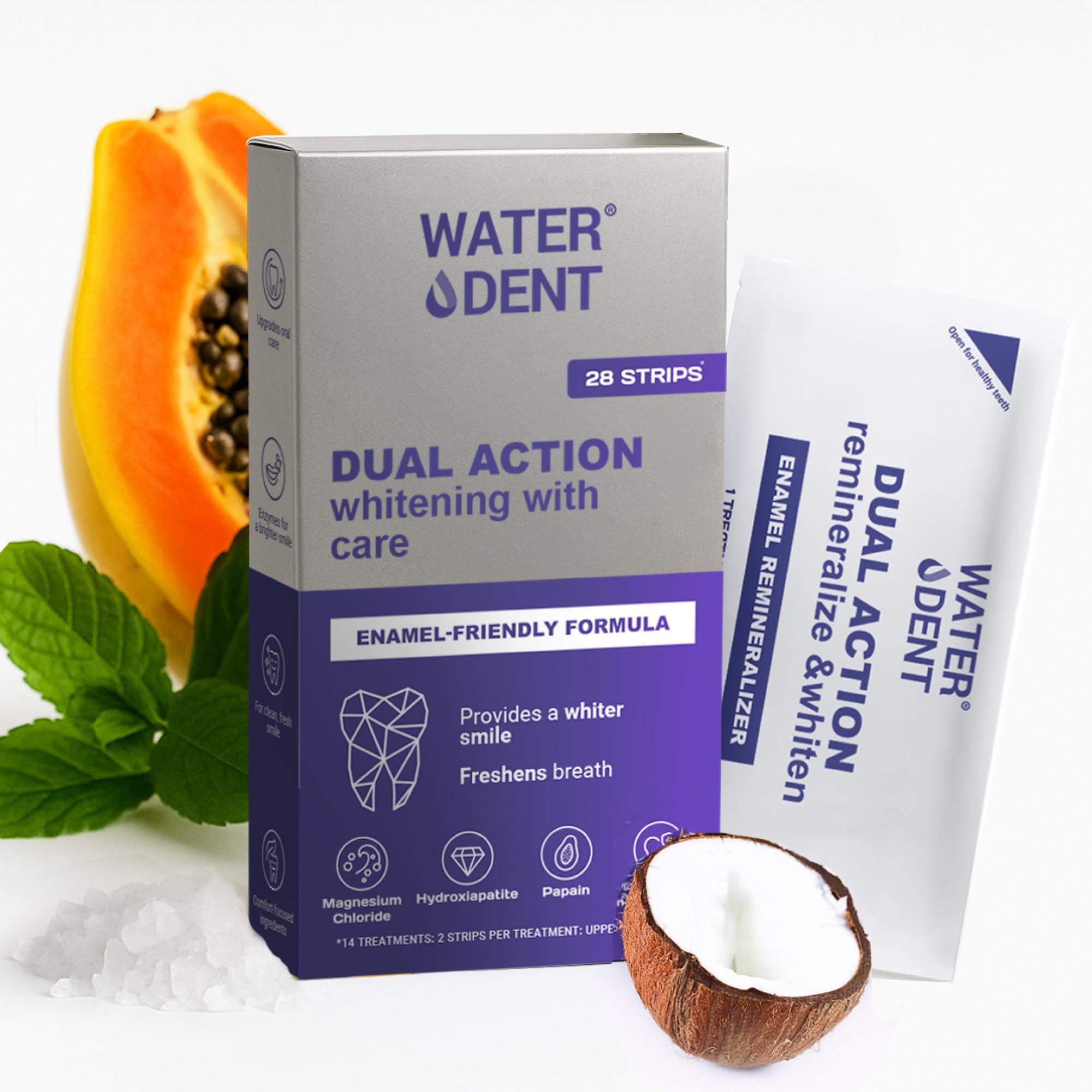 Whitening Remineralization Teeth Strips 14-Treatment Kit for Sensitive Teeth Peroxide-Free Formula with Hydroxyapatite Bischofite Papain Bromelain Coconut Oil