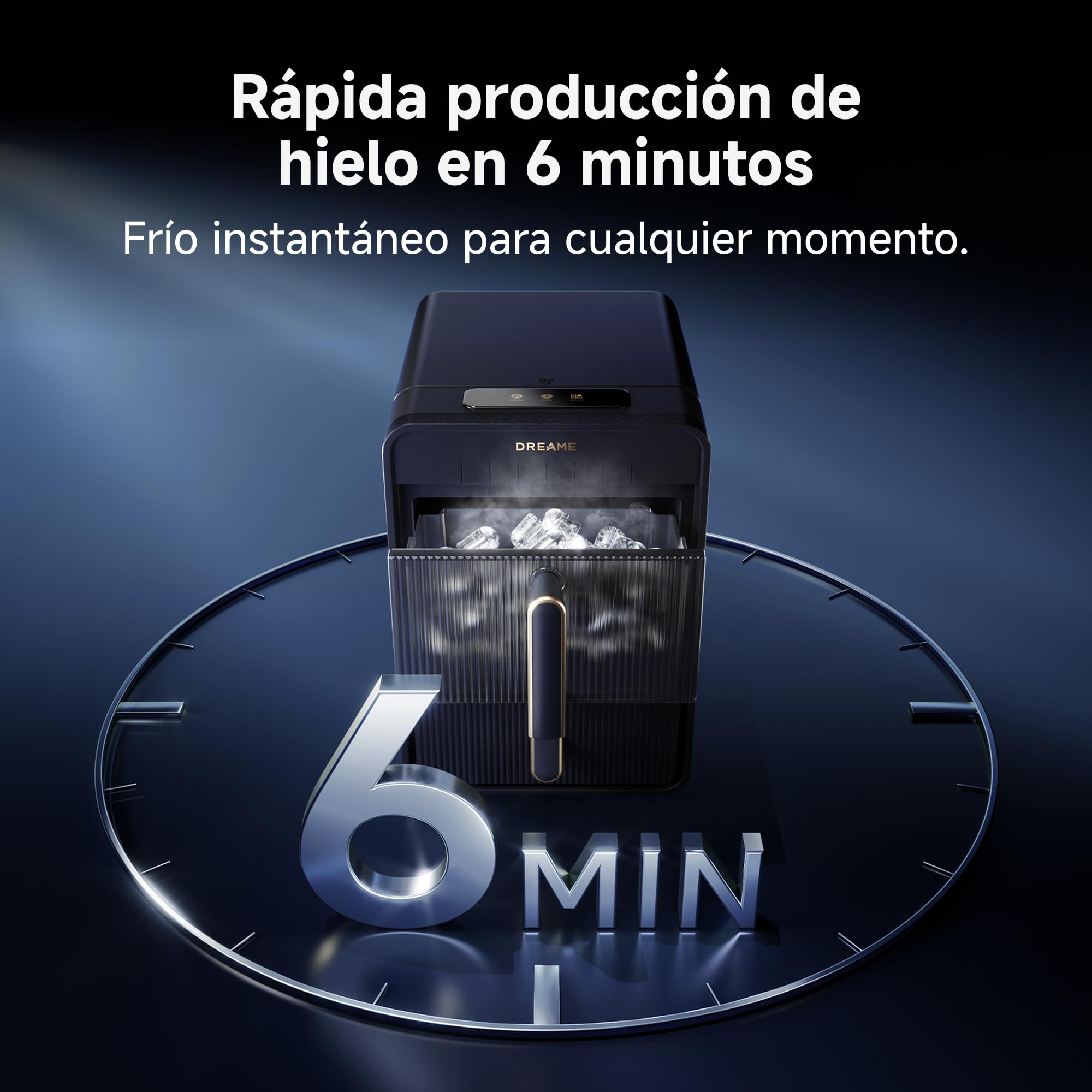 DRAEME AuraBullet Ice Máquina de Hielo En Cubitos Con Producción Rápida De Hielo En 6 Minutos, Depósito y Canasta Separados, Dos Tamaños de Cubitos, Control Digital, Luz LED y Función de Autolimpieza