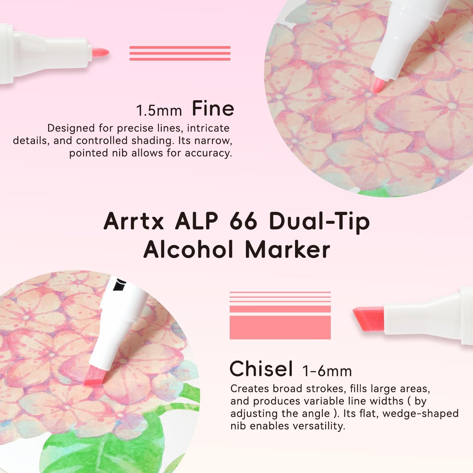 Arrtx Alcohol Markers ALP 66 Pastel Colors,Chisel and Fine Tip Professional Art Markers for Adult Artists Coloring Drawing Sketching Illustration image 2