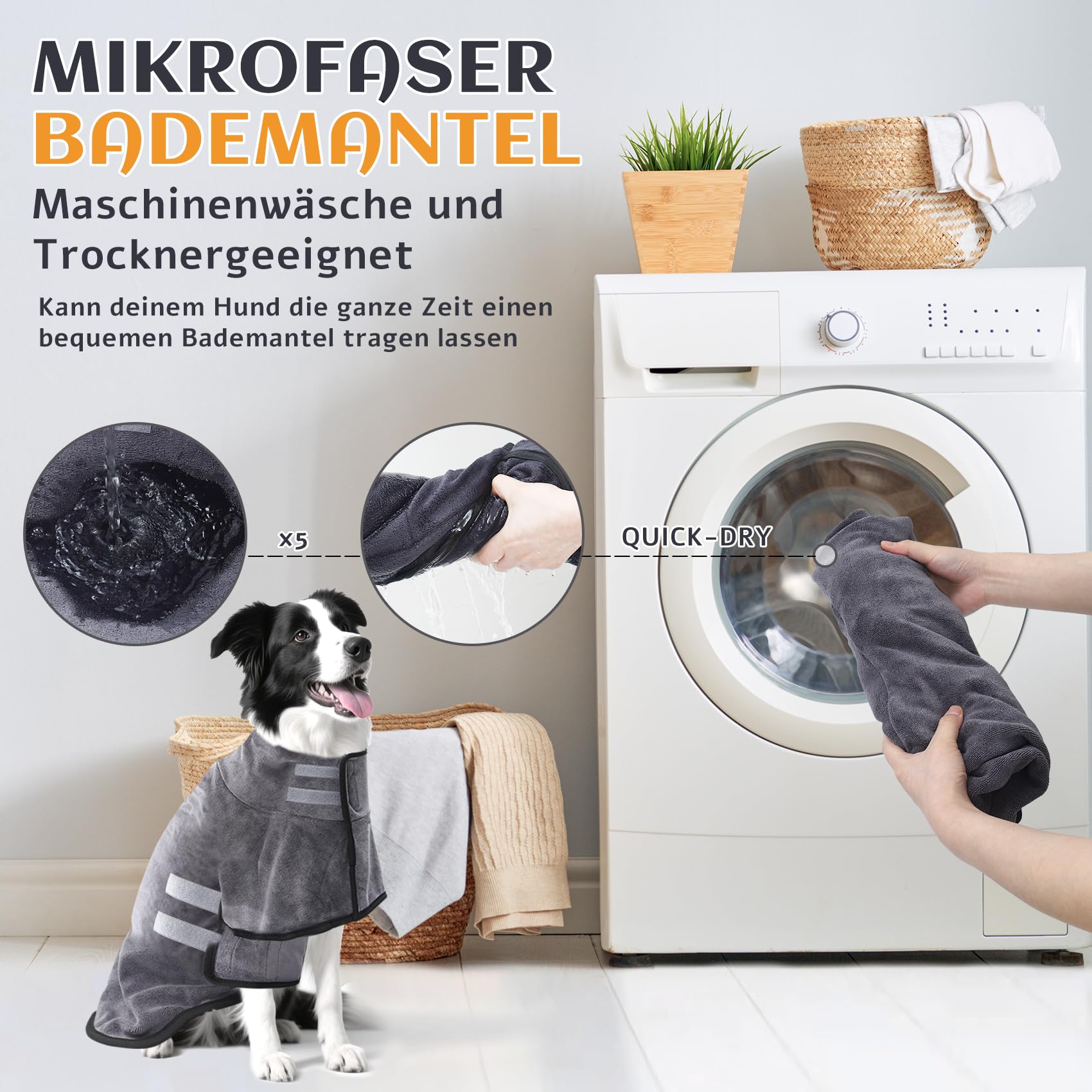 Hundebademantel, Hunde Bademantel Mikrofaser Schnelltrockend, Hundehandtuch mit Klettverschluss und Verstellbarem Schrumpfband, super saugfähiger Haustier Trockenmantel(Große Hunde)