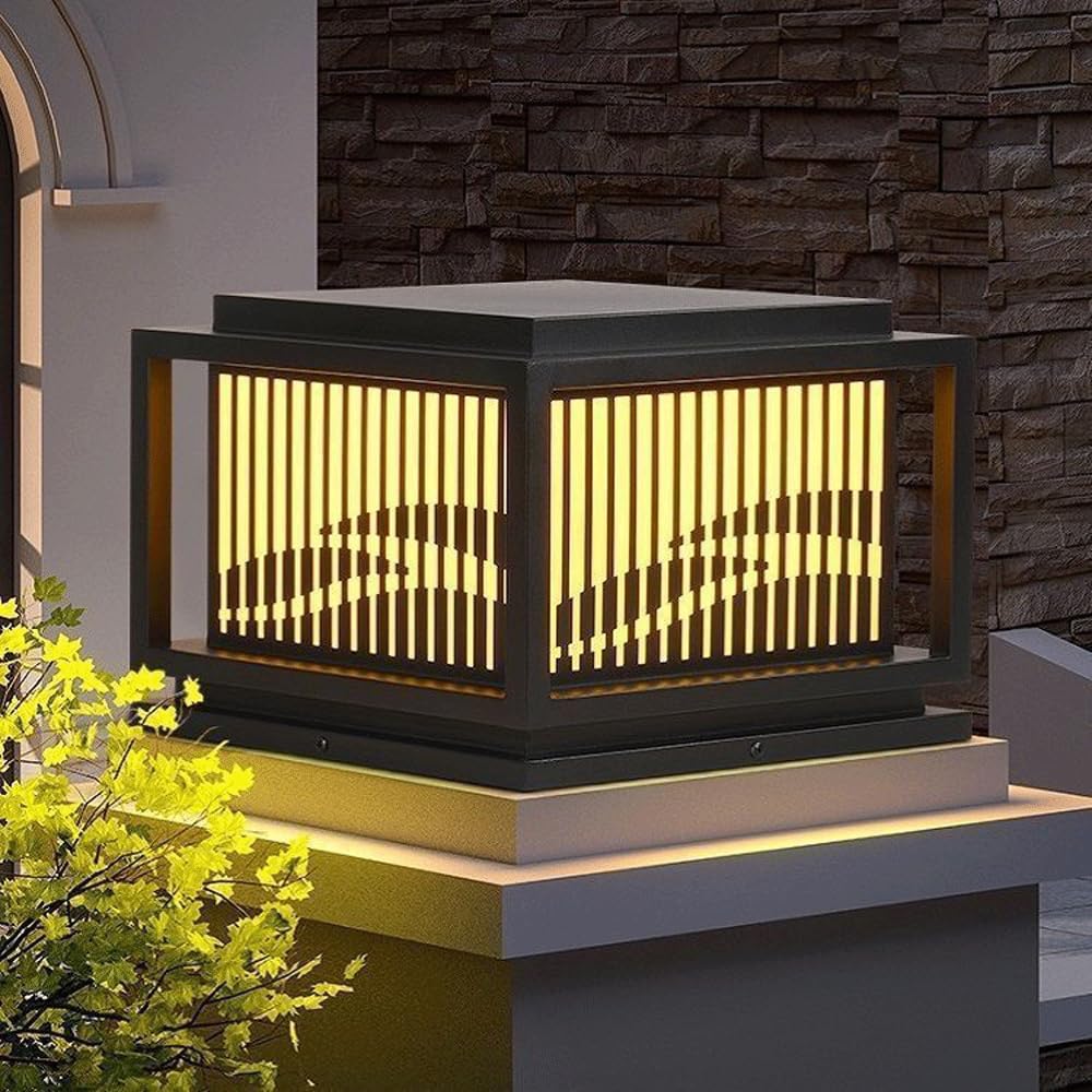 HZWJIA Black Outdoor Bollard Lamp Modern Chinese Courtyard Garden Landscape Lighting Bollard Lamp Square IP65rated Waterproof Pillar Lamp High Voltage Wired for Villa Fence Deck Bollard Lamp Diameter