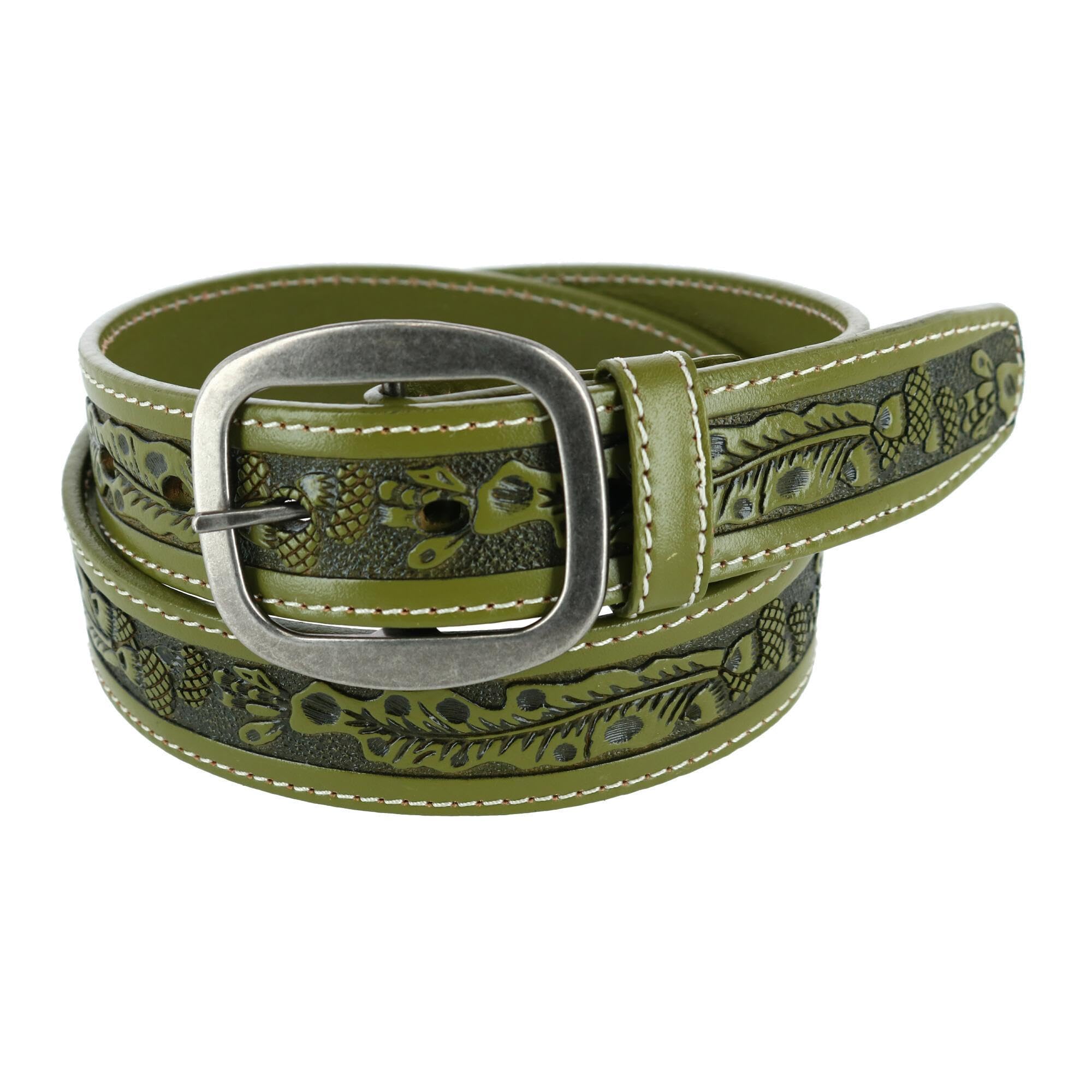 CTM Leather Western Embossed Belt with Removable Buckle, 38, Olive Green