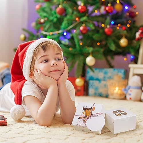 Miniatura 6 de COTOPHER 18 cajas de galletas de Navidad con ventana, cajas blancas de panadería de 4 x 4 x 2.5 pulgadas para regalo, mini cajas de pastel para