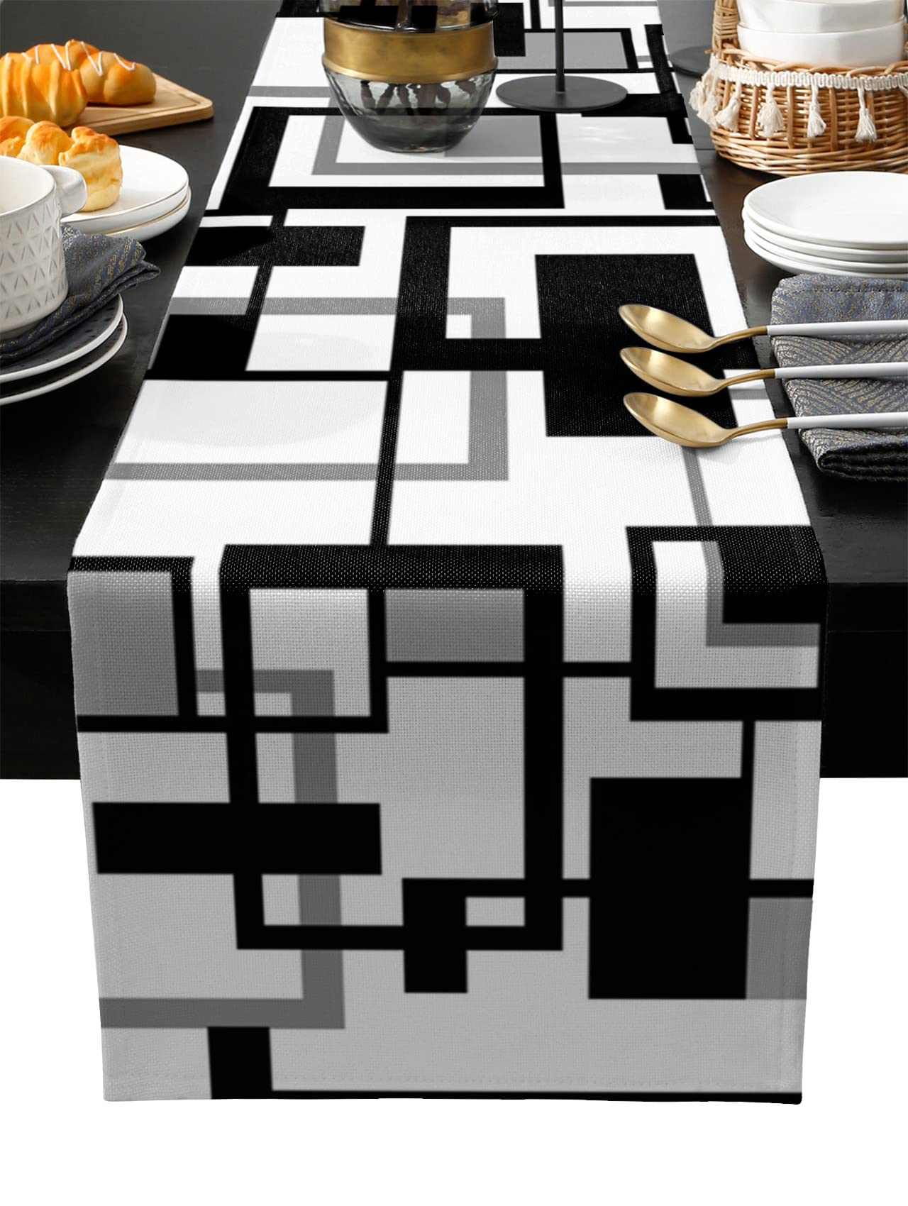Black Grey Table Runner-Cotton Linen-13x48 Inch Holiday Dresser Scarves, Modern Geometric White Plaid Middle Century Tablerunner for Kitchen Coffee/