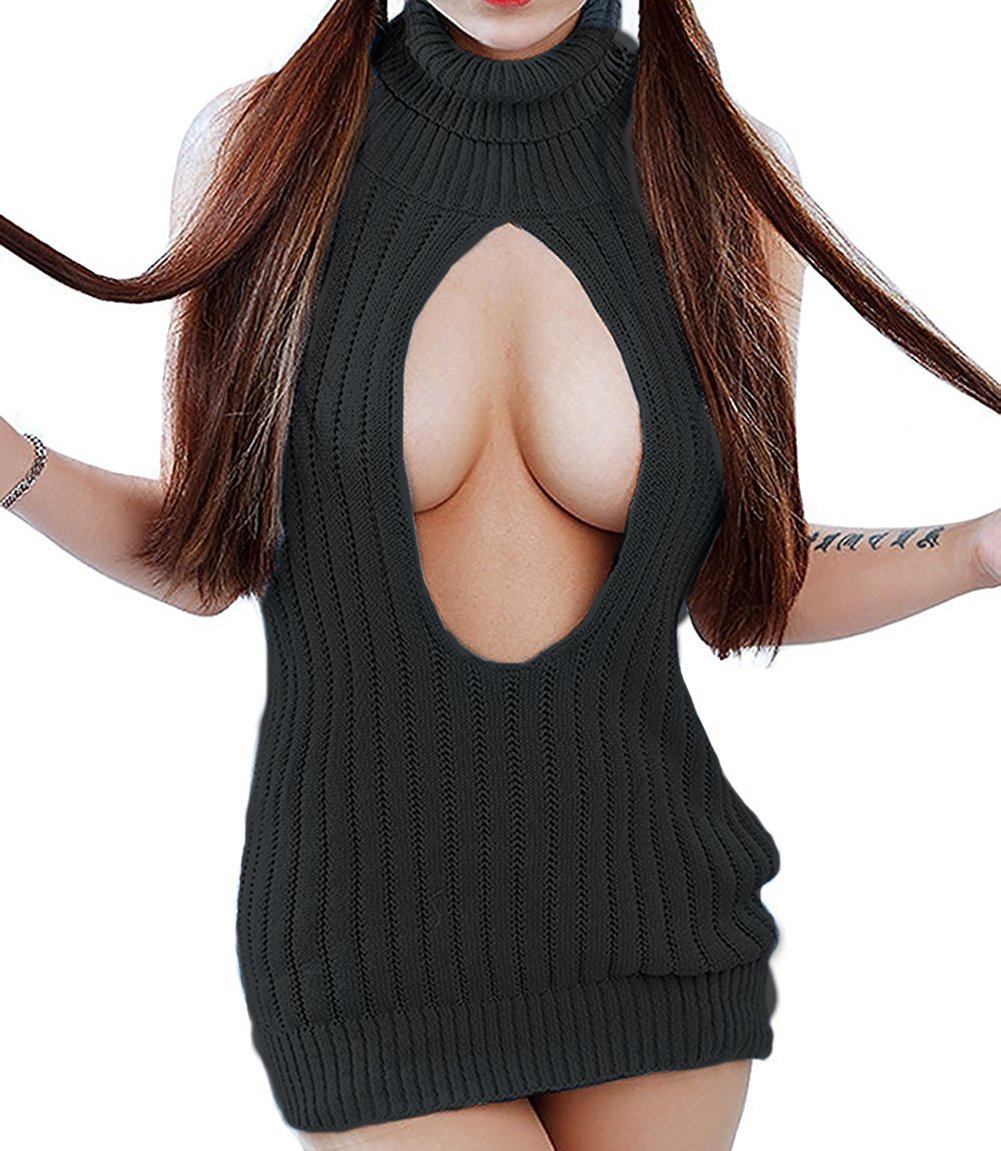 Japan Style Women's Turtleneck Pullover Deep V-Neck Sleeveless Knitted Hi Low Anime Sweater Vest Top