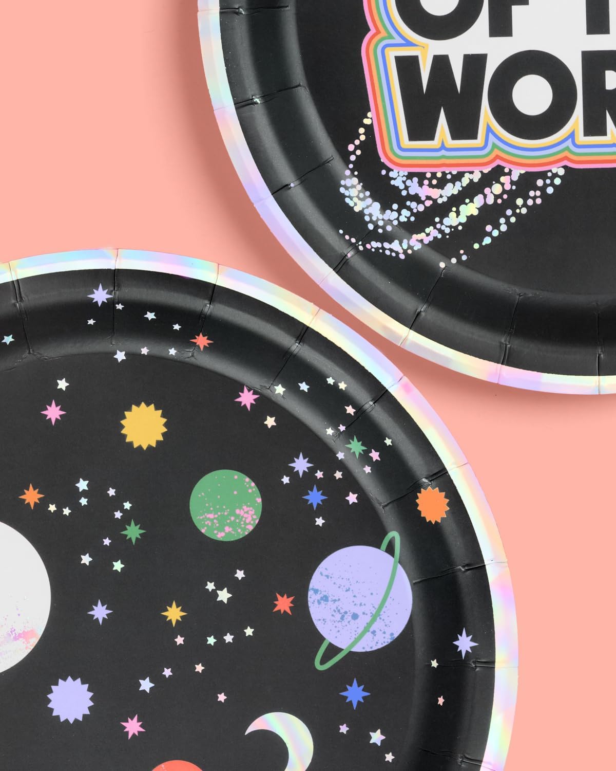 xo, Fetti Space Out Of This World Paper Plates, Iridescent Foil | 24 pcs 9" | Kids Decorations, Outer Space Party Setting, Birthday Decor, Alien Planet Tablescape, Galaxy Table Decor