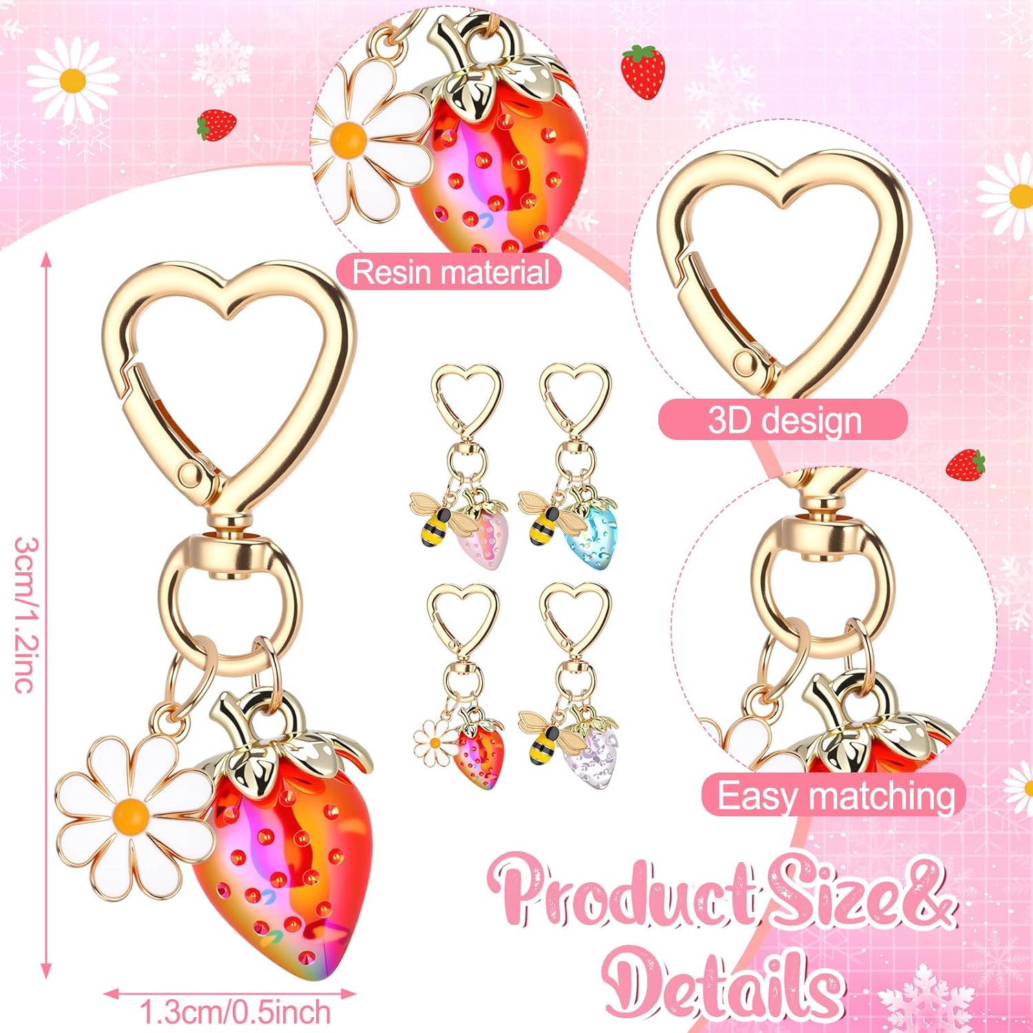 Nosiny 16個パック かわいいイチゴキーホルダー かわいいバッグチャーム デイジーフラワー 蜂 ハートペンダント 樹脂製 フル