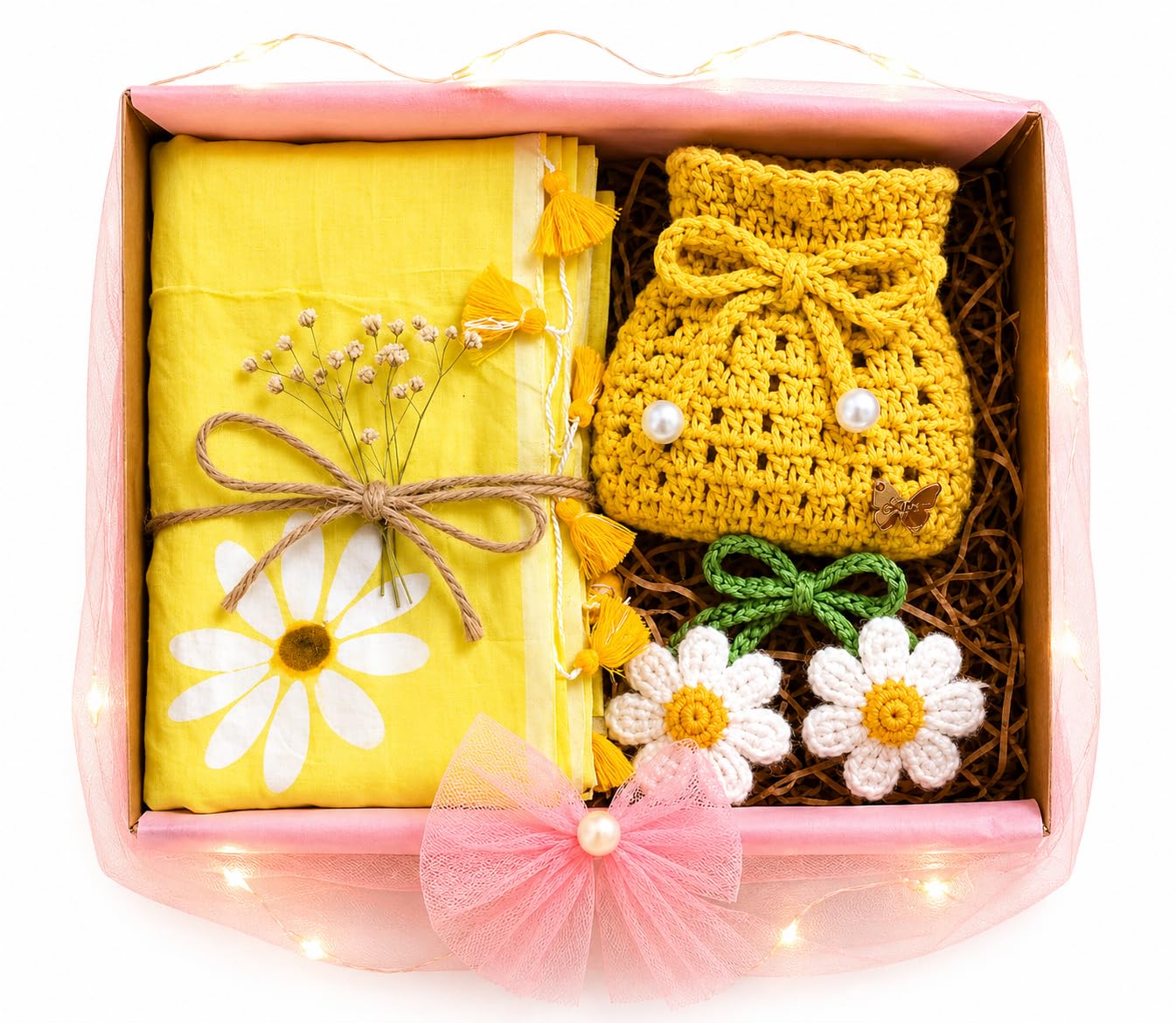 Handmade Saree Gift Hamper Set | Includes Crochet Potli Bag & Hair Clips