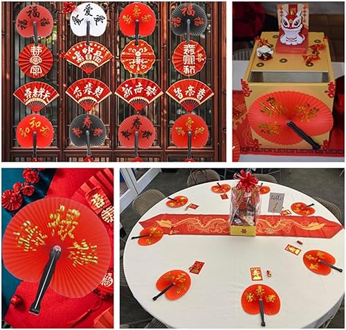 Miniatura 6 de 20 piezas de decoraciones de Año Nuevo chino 2024, abanicos de papel de personajes chinos, ventilador oriental de mano japonés redondo plegable para