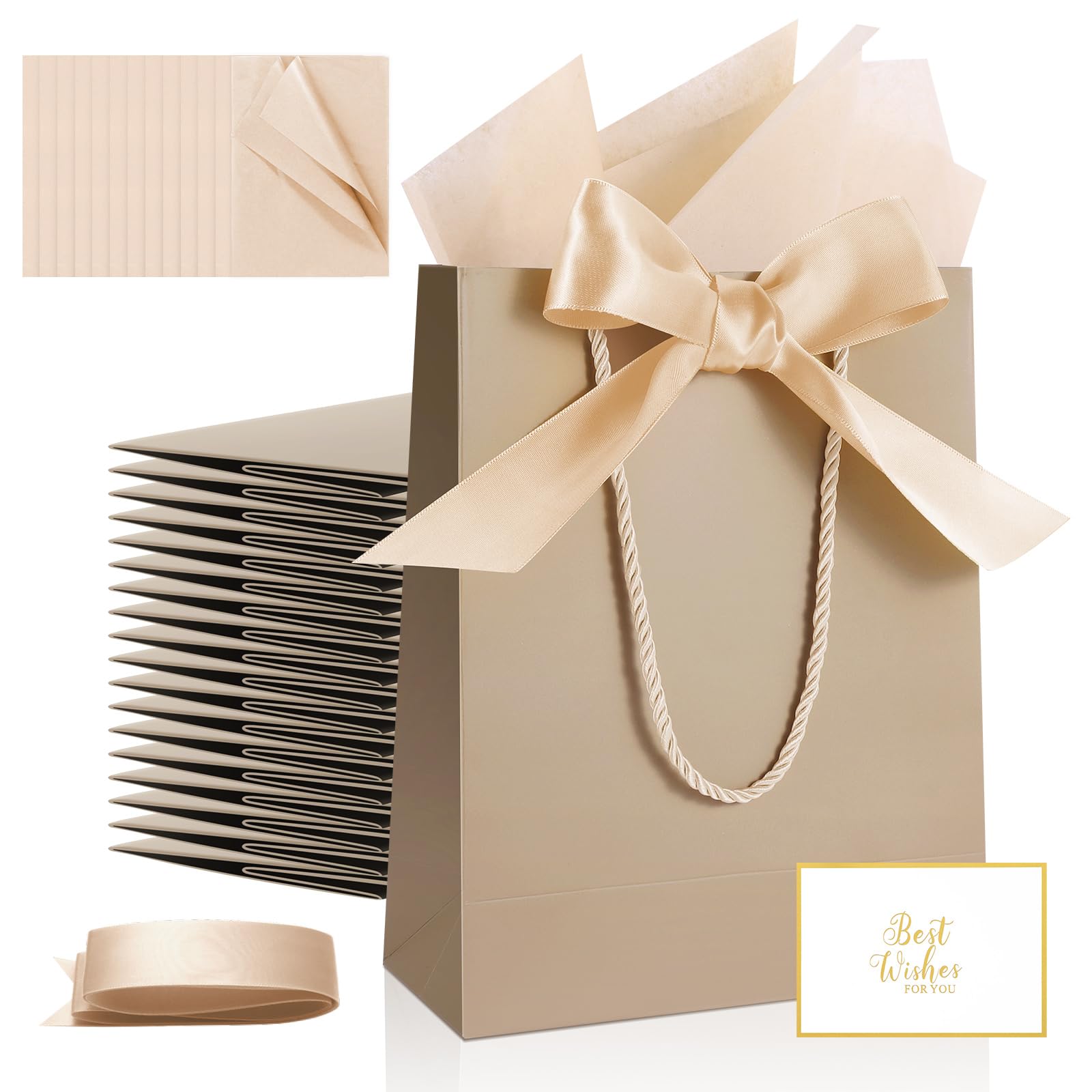 Ethhqu 12 Pack Small Gift Bags with Handles Include Tissue Papers & Cards, 9x7x3.15'' Thank You Gift Bags for Bridesmaids, Birthday, Baby Shower, Wedding, Anniversary, Mother’s Day (Champagne)
